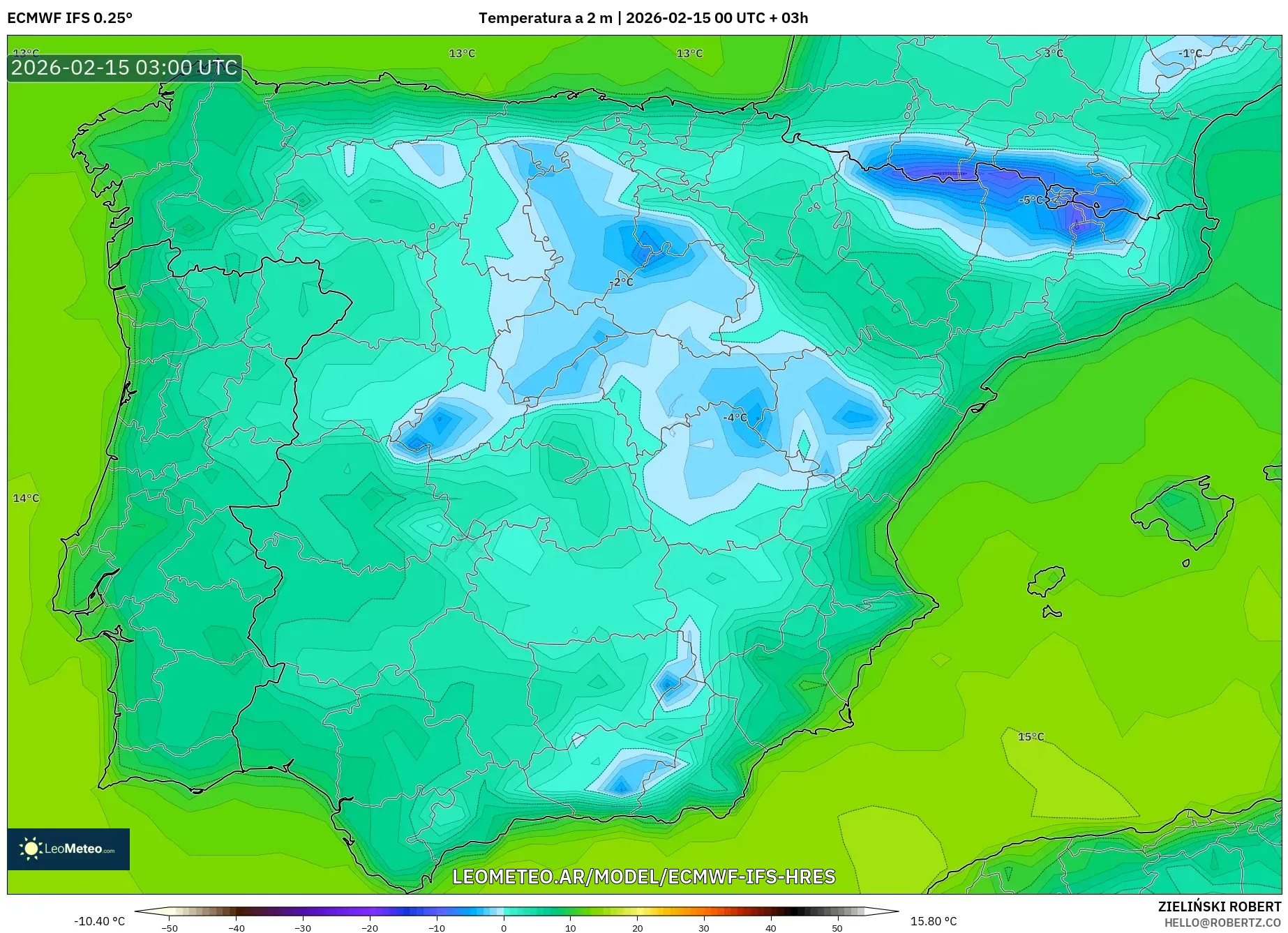 ECMWF IFS 0.25° model - España, Temperatura a 2 m