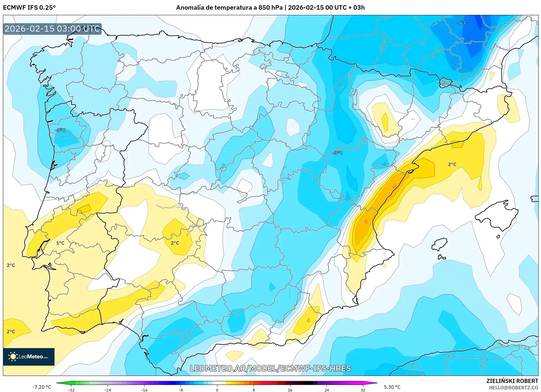 ECMWF IFS 0.25° model - España, Anomalía de temperatura a 850 hPa