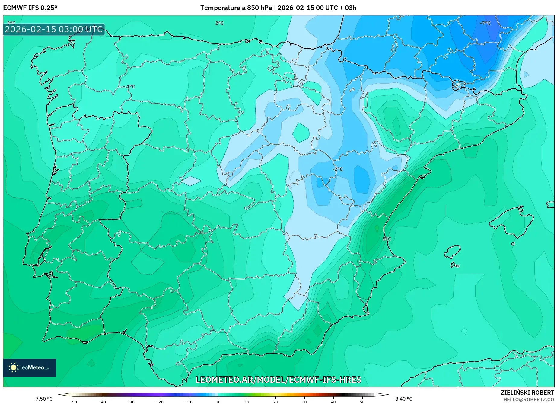 ECMWF IFS 0.25° model - España, Temperatura a 850 hPa