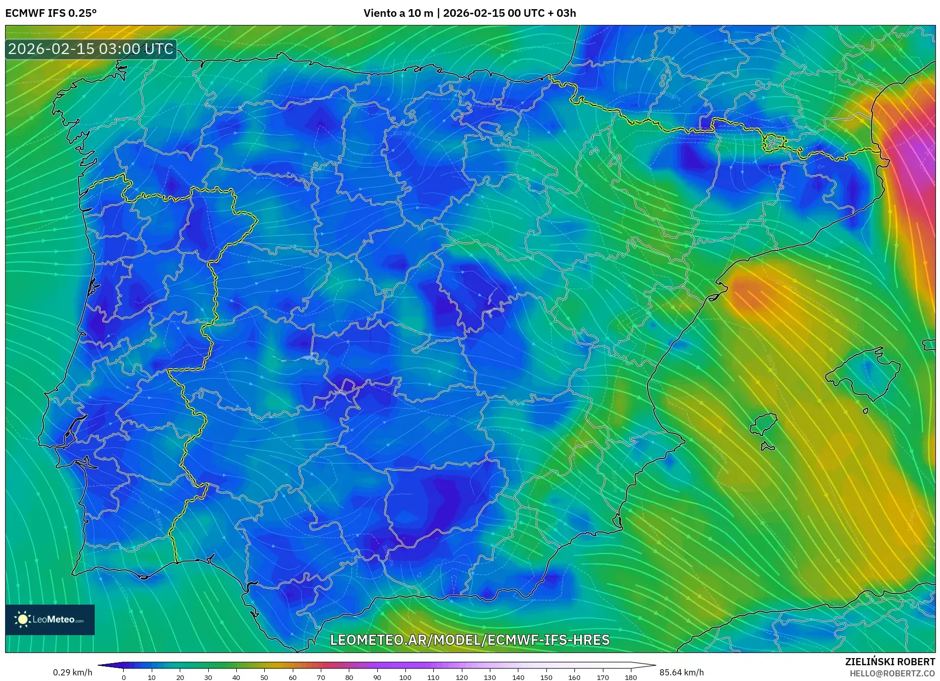 ECMWF IFS 0.25° model - España, Viento a 10 m
