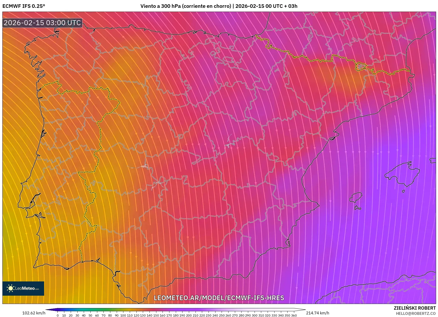 ECMWF IFS 0.25° model - España, Viento a 300 hPa (corriente en chorro)