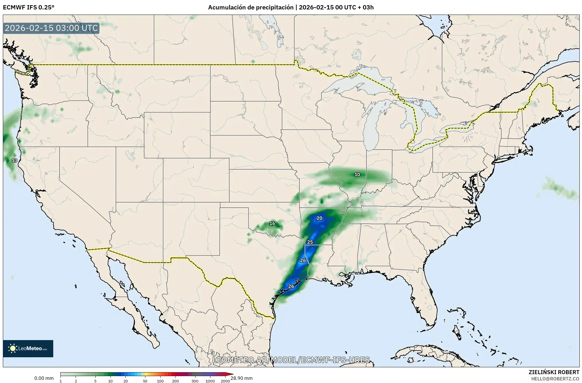 ECMWF IFS 0.25° model - Estados Unidos, Acumulación de precipitación
