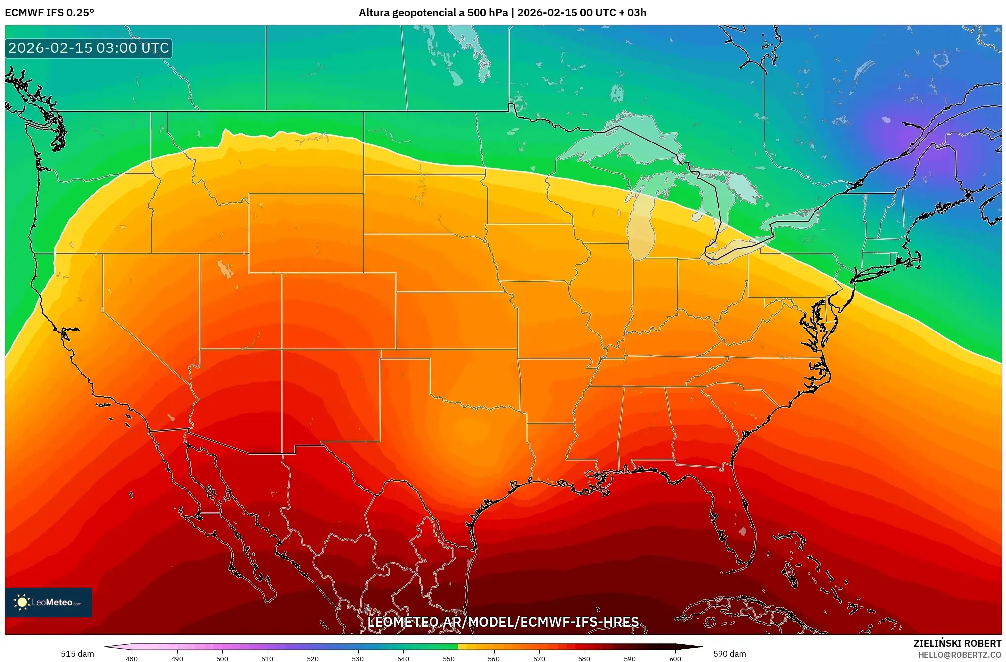 ECMWF IFS 0.25° model - Estados Unidos, Altura geopotencial a 500 hPa