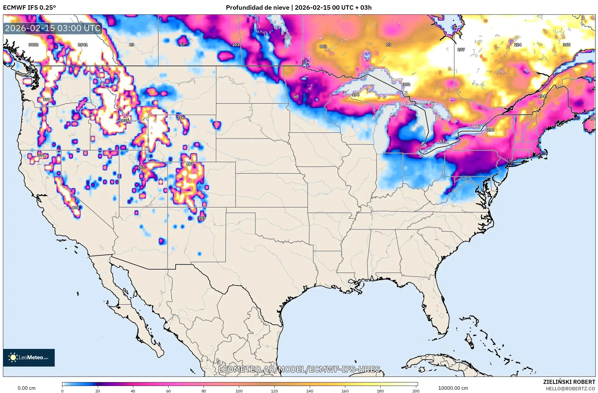 ECMWF IFS 0.25° model - Estados Unidos, Profundidad de nieve