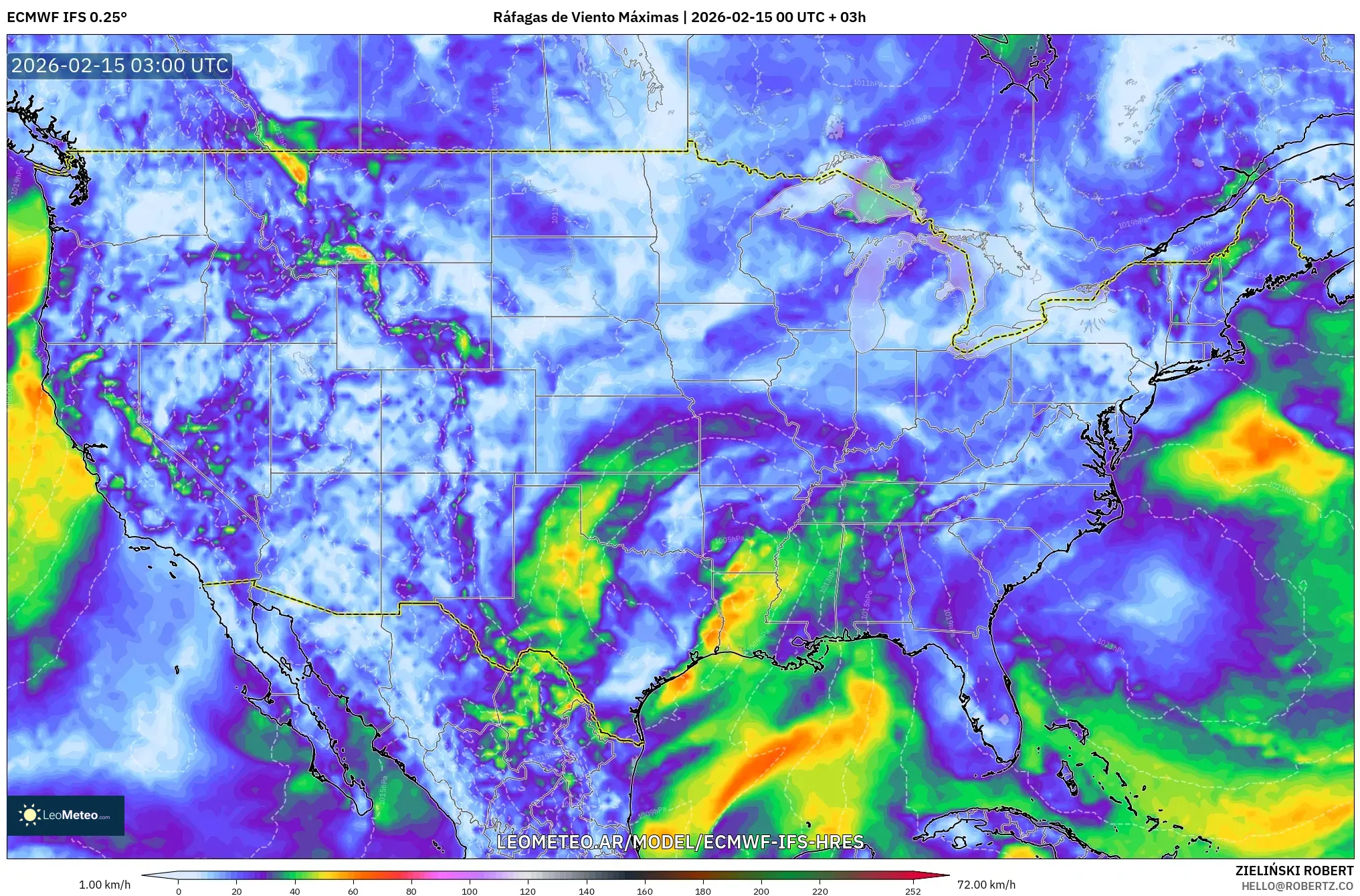 ECMWF IFS 0.25° model - Estados Unidos, Ráfagas de Viento Máximas