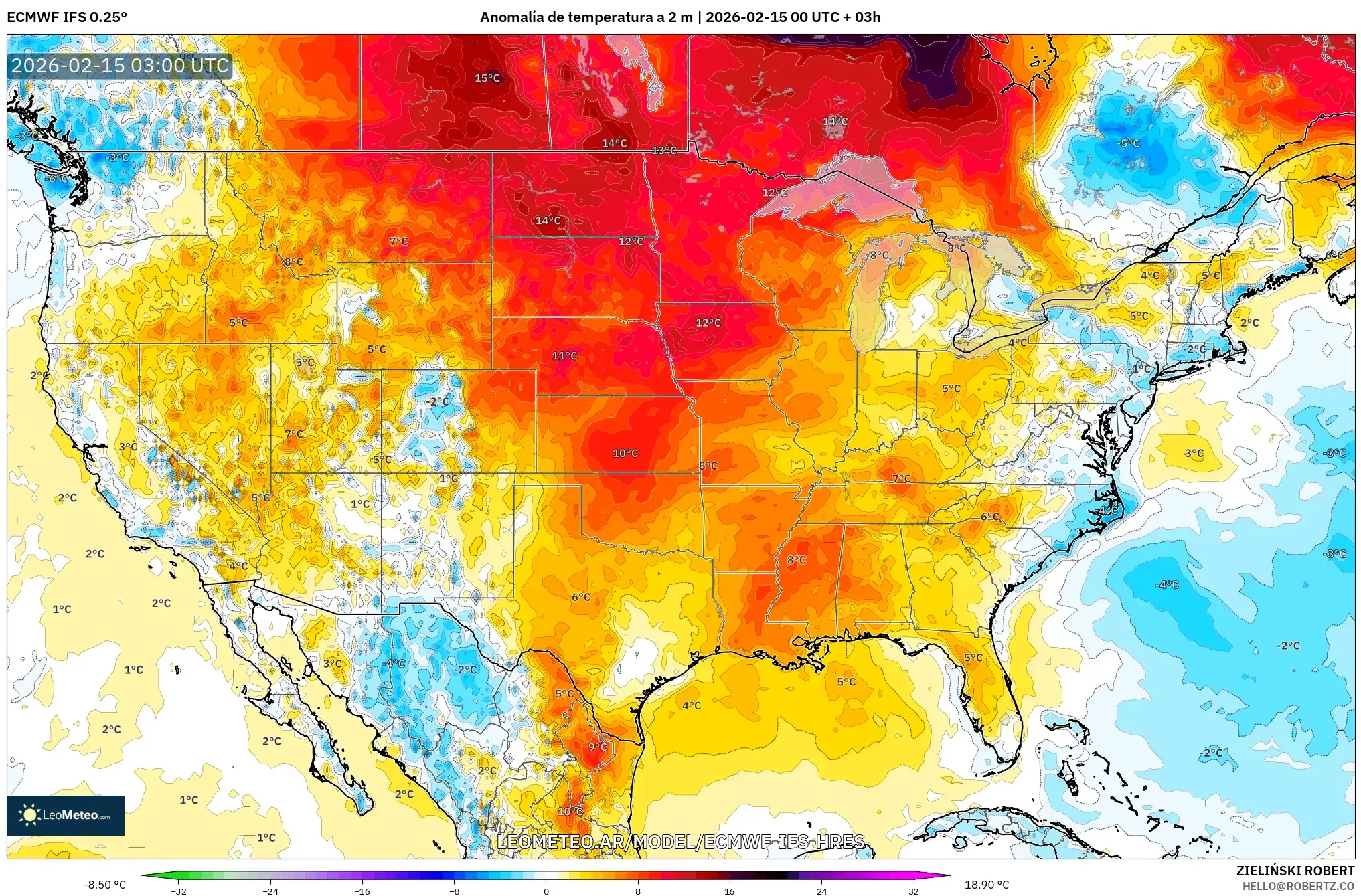 ECMWF IFS 0.25° model - Estados Unidos, Anomalía de temperatura a 2 m