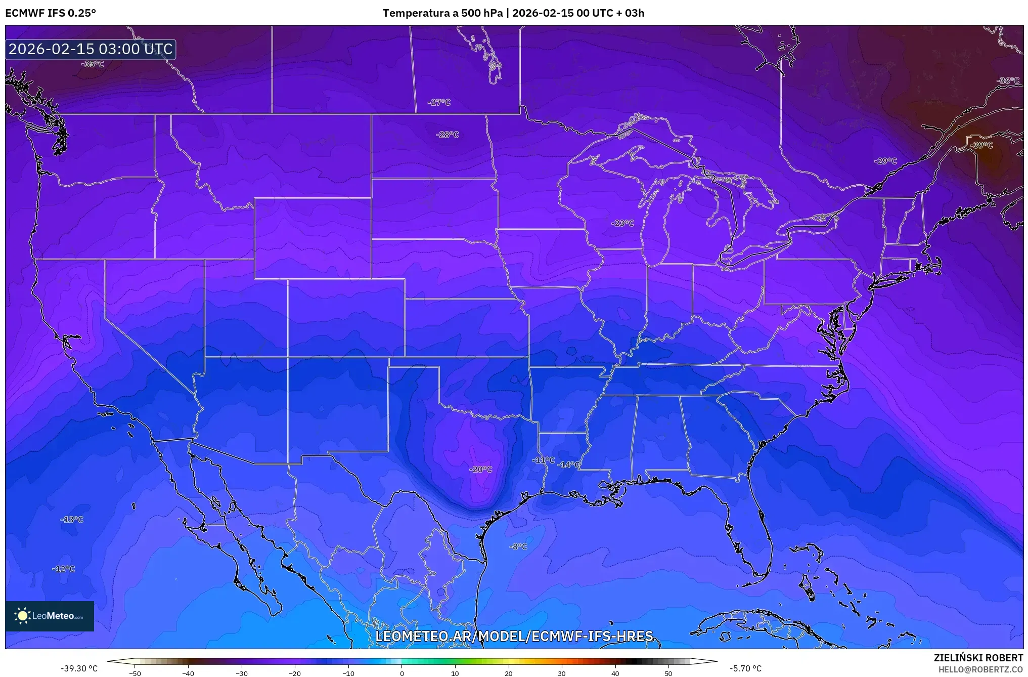 ECMWF IFS 0.25° model - Estados Unidos, Temperatura a 500 hPa