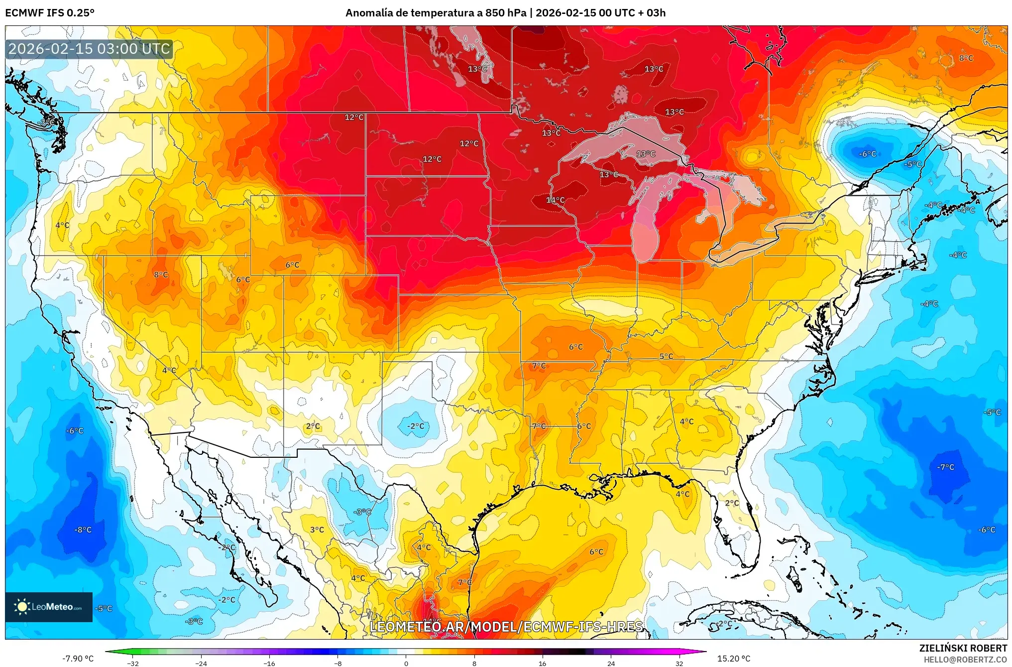 ECMWF IFS 0.25° model - Estados Unidos, Anomalía de temperatura a 850 hPa