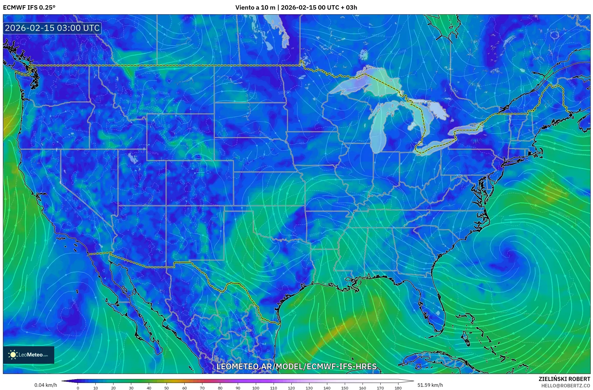 ECMWF IFS 0.25° model - Estados Unidos, Viento a 10 m