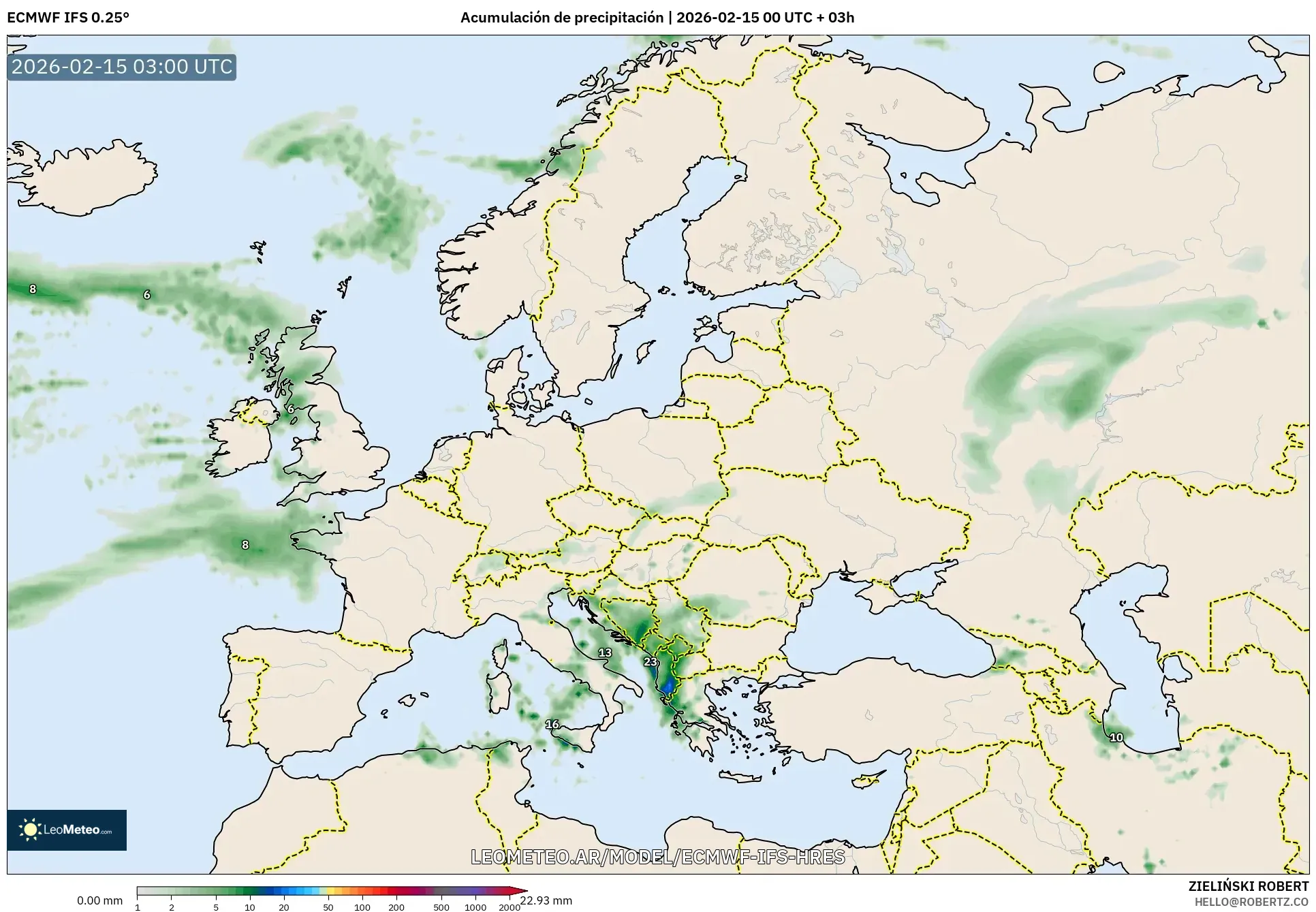 ECMWF IFS 0.25° model - Europa, Acumulación de precipitación