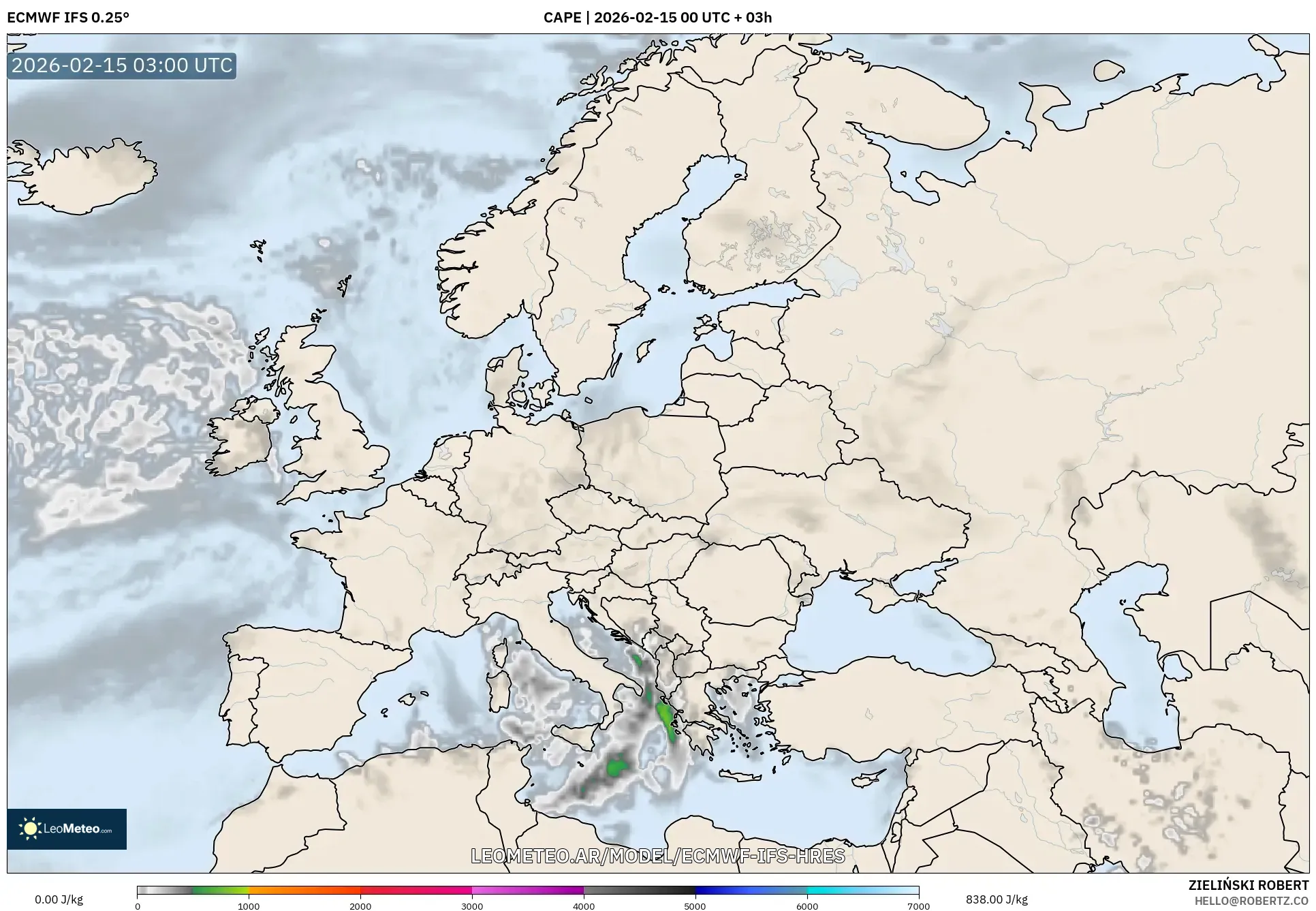 ECMWF IFS 0.25° model - Europa, CAPE