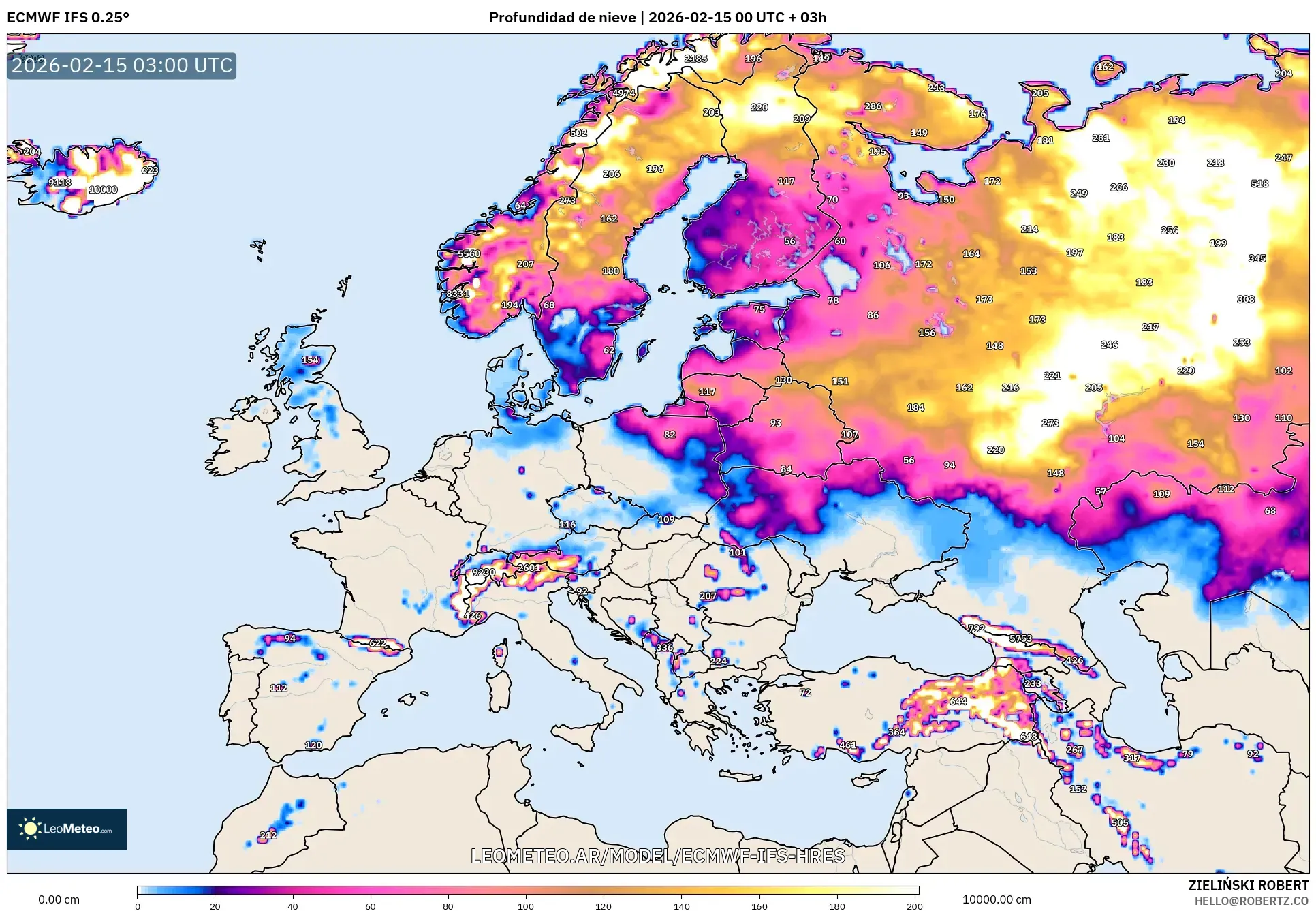 ECMWF IFS 0.25° model - Europa, Profundidad de nieve