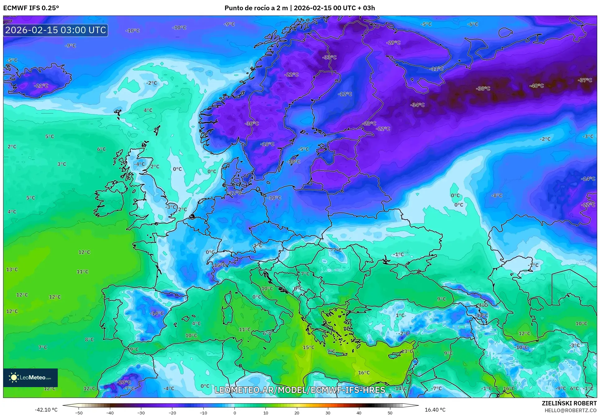ECMWF IFS 0.25° model - Europa, Punto de rocío a 2 m