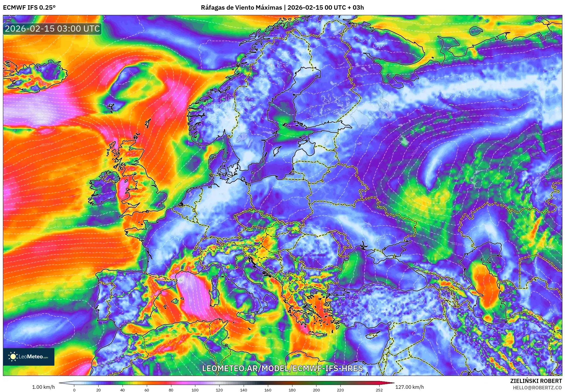 ECMWF IFS 0.25° model - Europa, Ráfagas de Viento Máximas