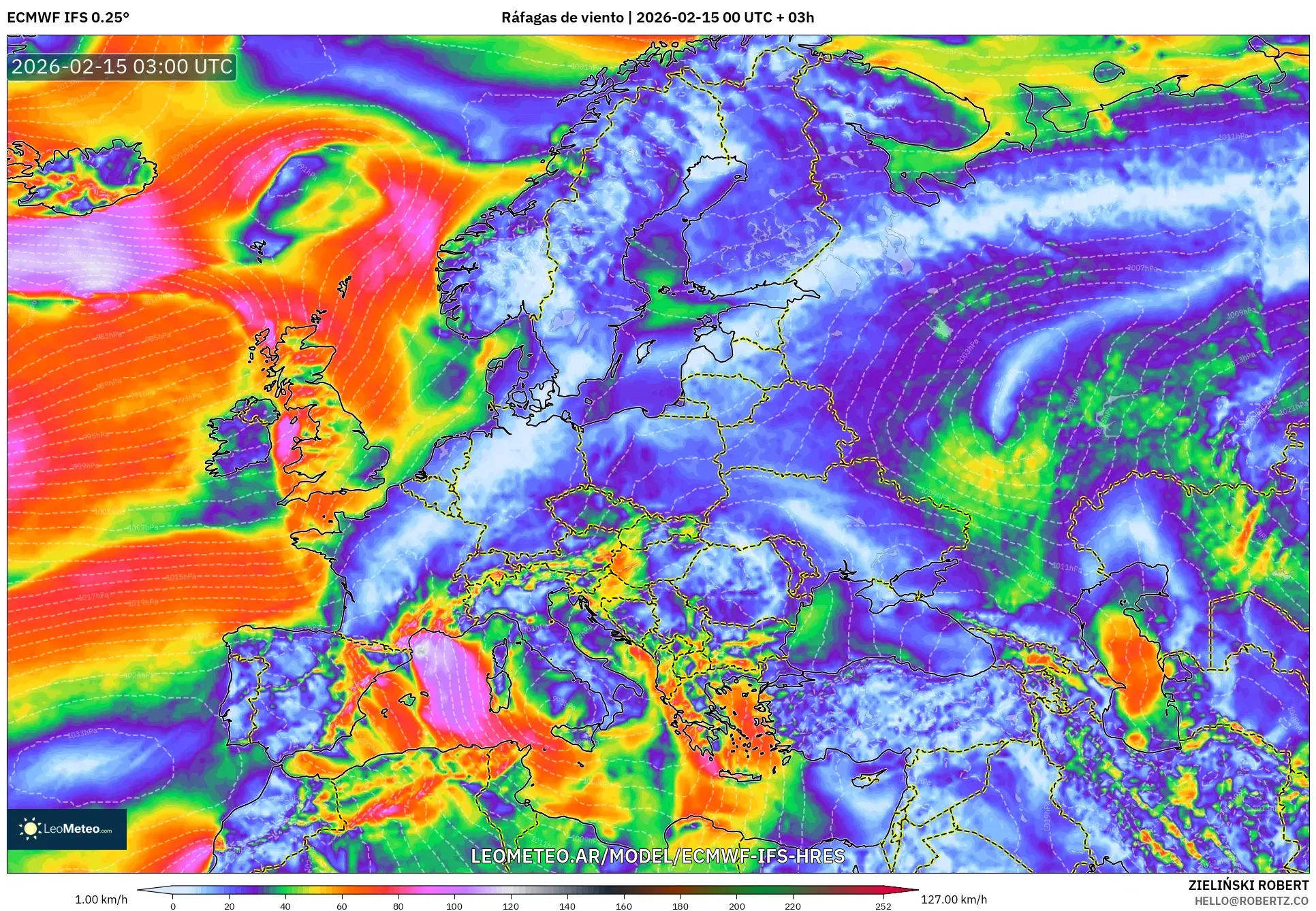 ECMWF IFS 0.25° model - Europa, Ráfagas de viento