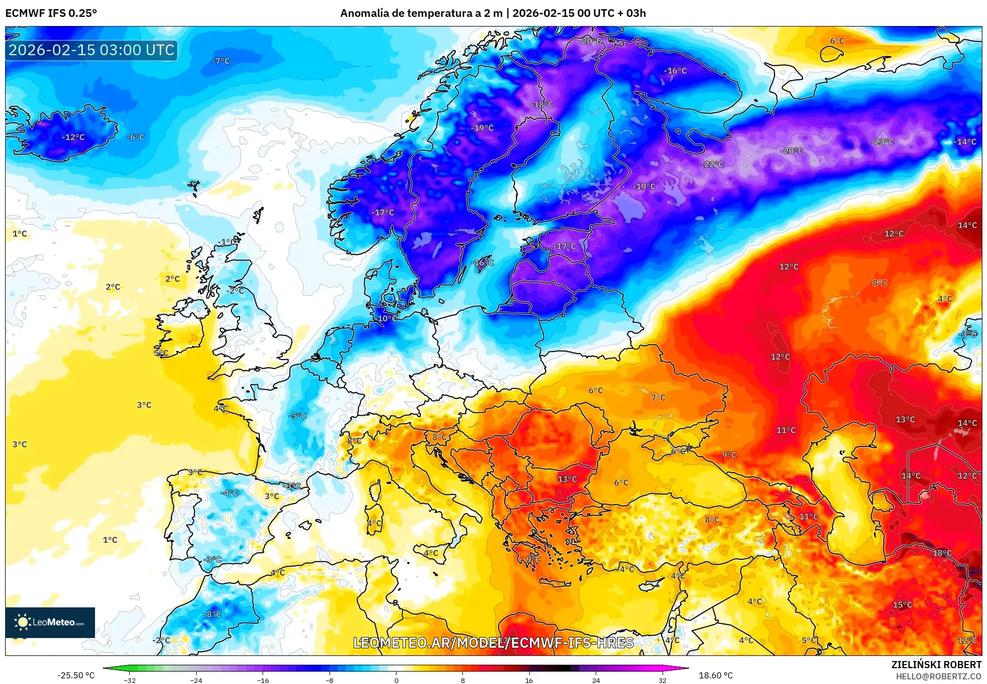 ECMWF IFS 0.25° model - Europa, Anomalía de temperatura a 2 m