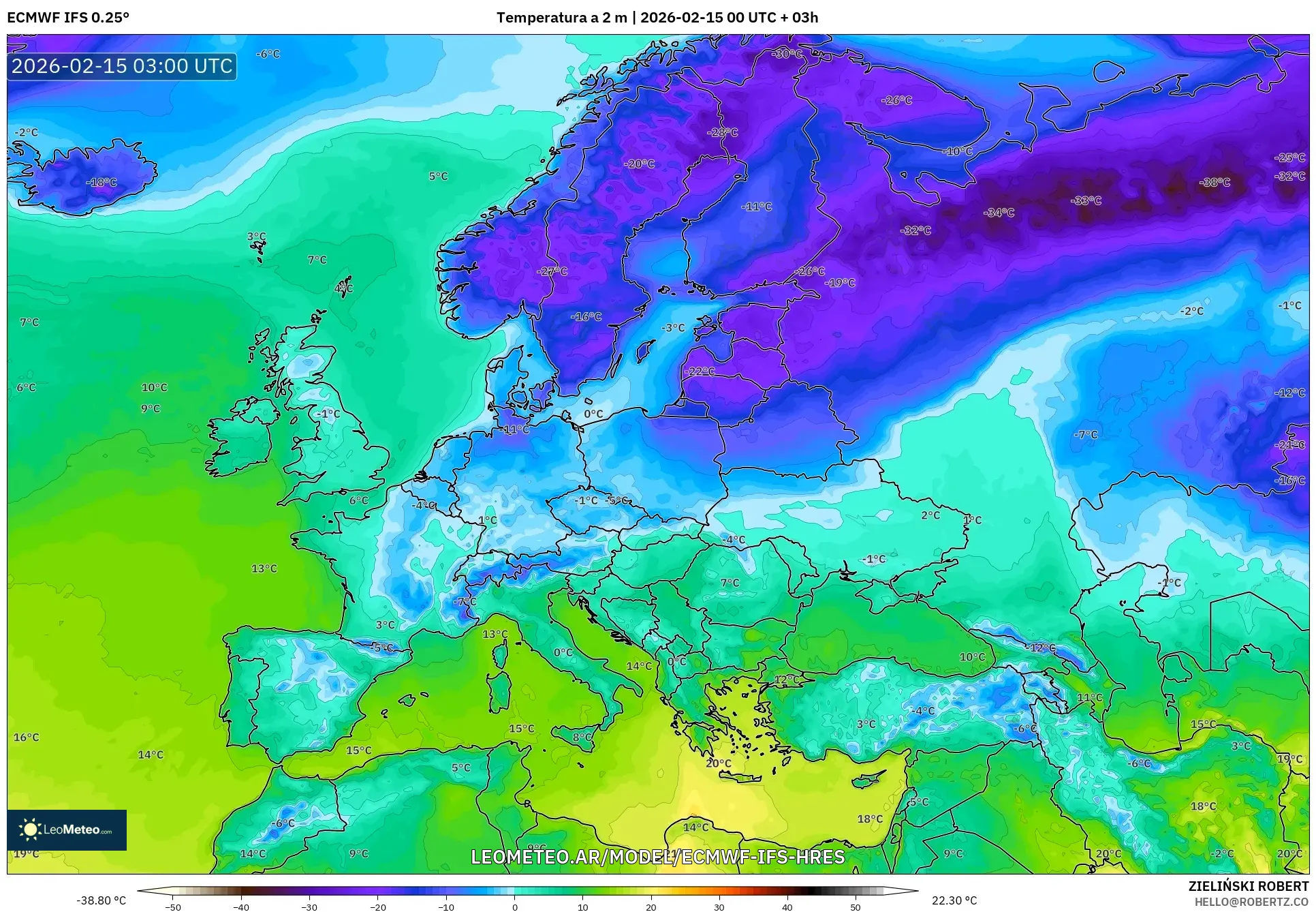 ECMWF IFS 0.25° model - Europa, Temperatura a 2 m
