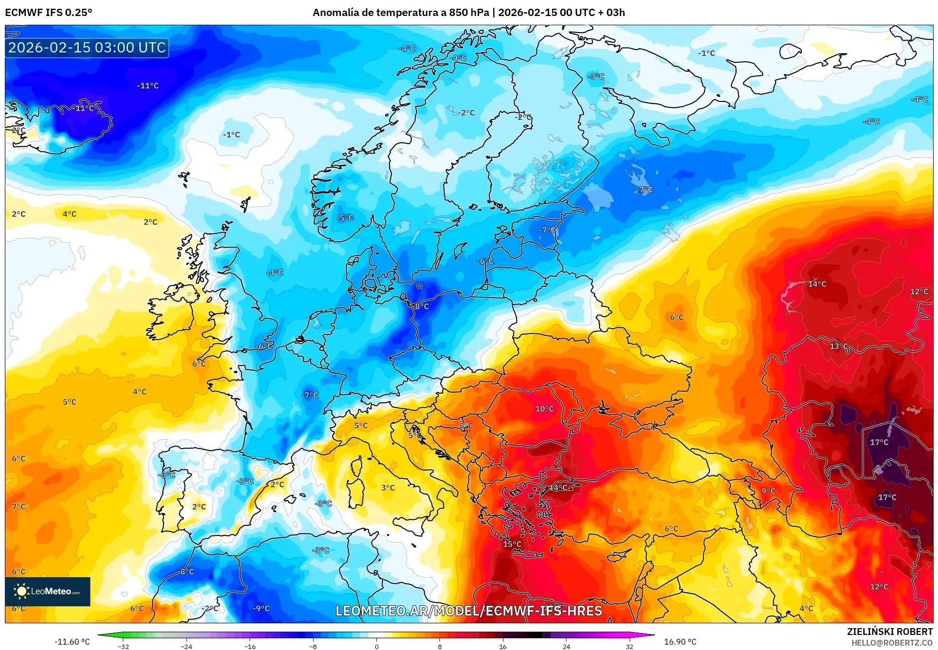 ECMWF IFS 0.25° model - Europa, Anomalía de temperatura a 850 hPa