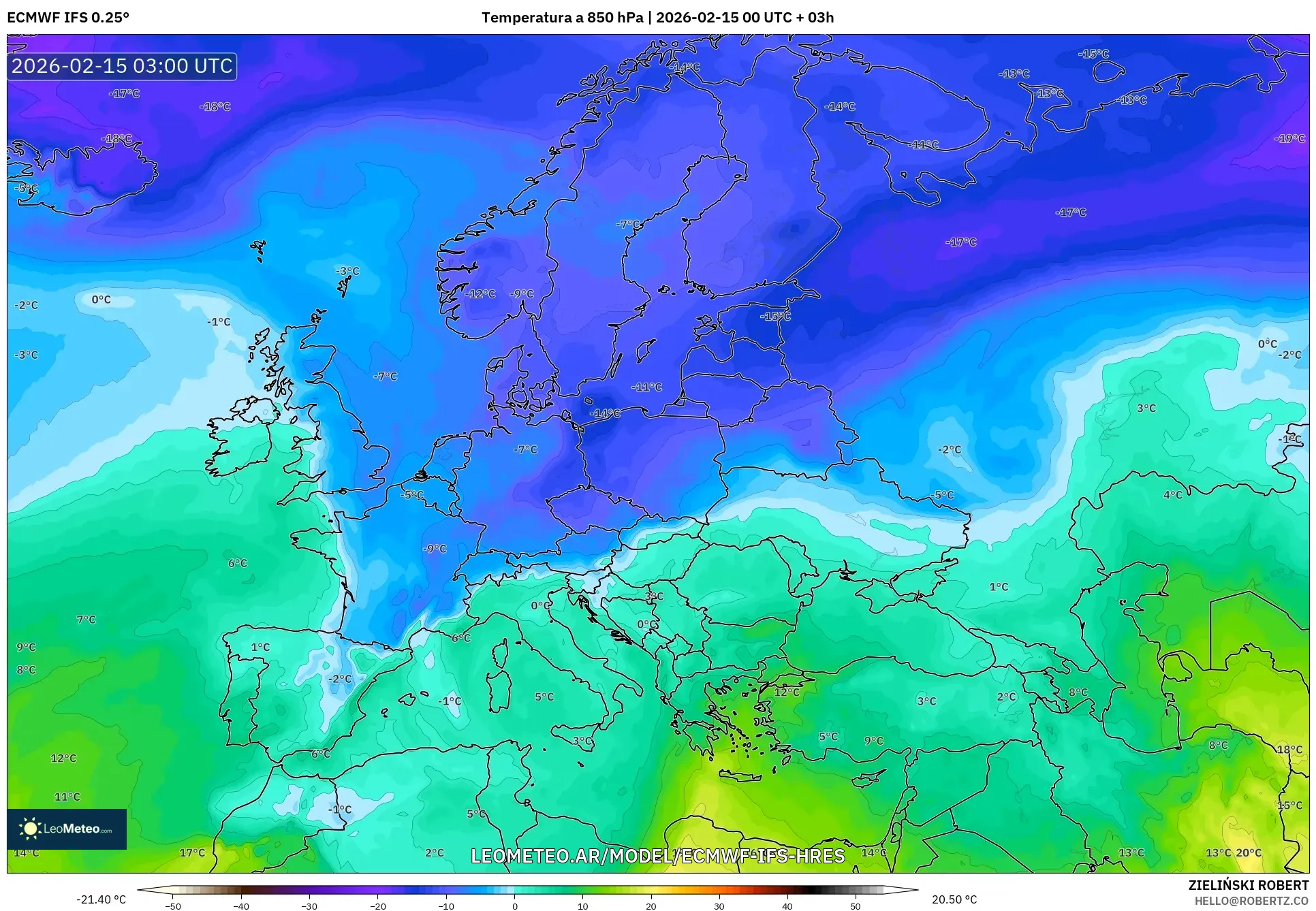 ECMWF IFS 0.25° model - Europa, Temperatura a 850 hPa