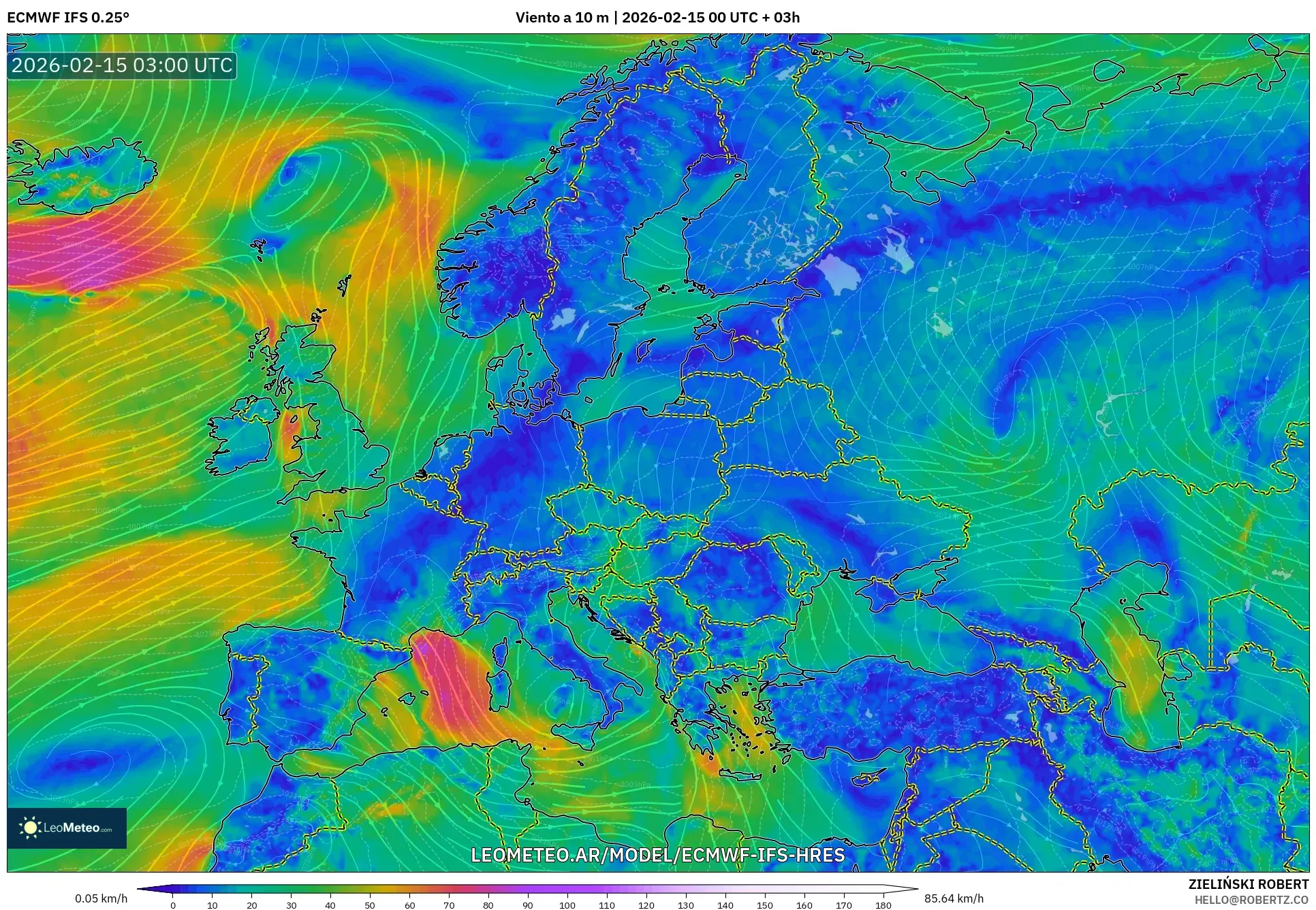 ECMWF IFS 0.25° model - Europa, Viento a 10 m