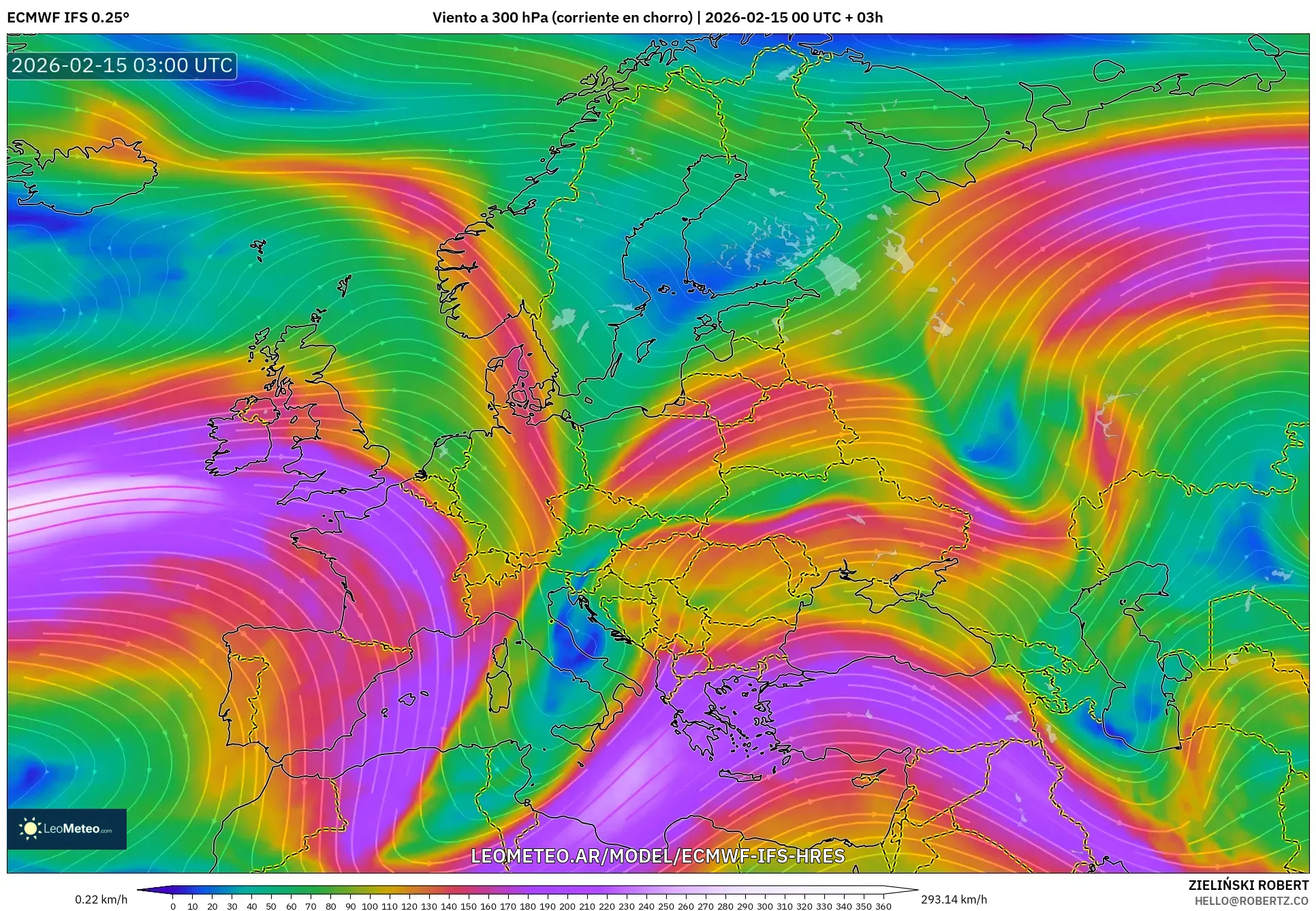 ECMWF IFS 0.25° model - Europa, Viento a 300 hPa (corriente en chorro)