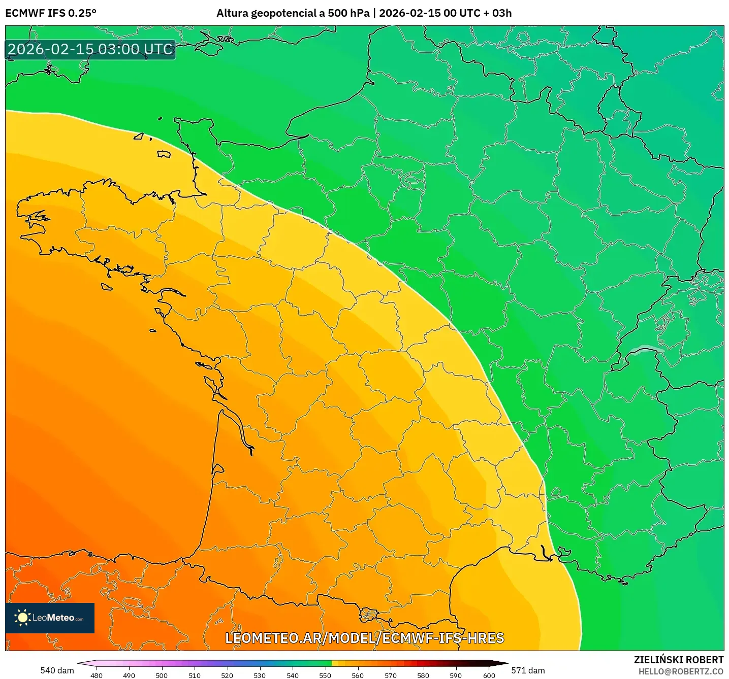 ECMWF IFS 0.25° model - Francia, Altura geopotencial a 500 hPa