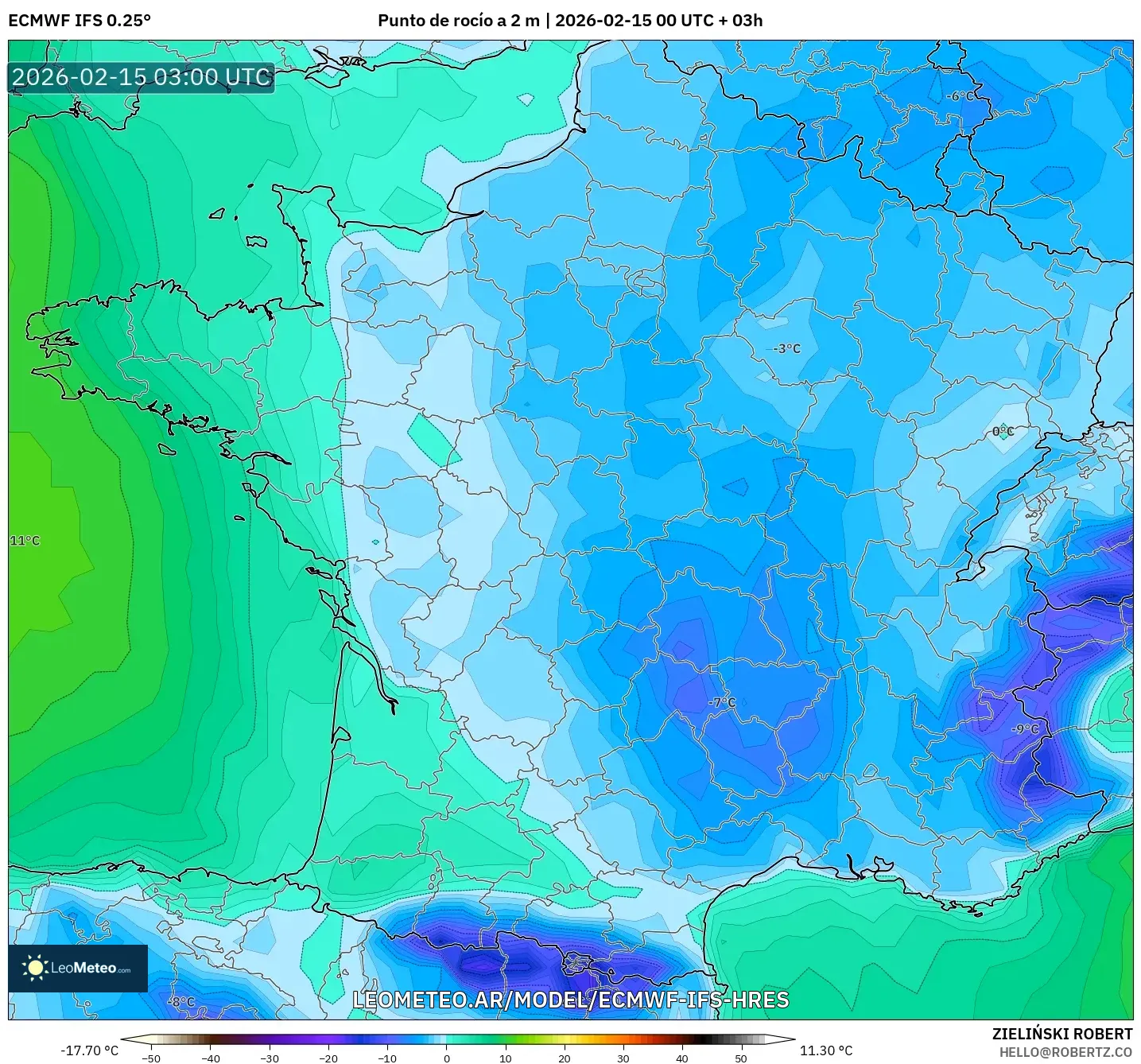 ECMWF IFS 0.25° model - Francia, Punto de rocío a 2 m