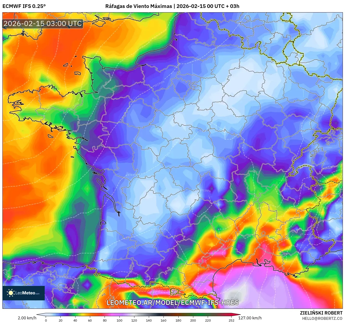 ECMWF IFS 0.25° model - Francia, Ráfagas de Viento Máximas