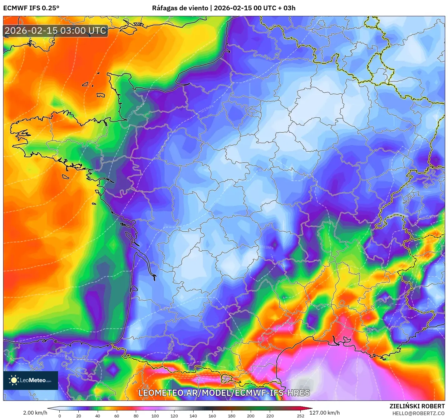 ECMWF IFS 0.25° model - Francia, Ráfagas de viento