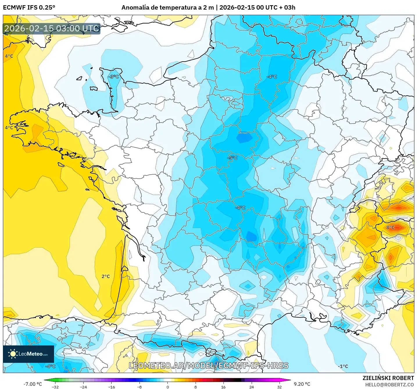 ECMWF IFS 0.25° model - Francia, Anomalía de temperatura a 2 m