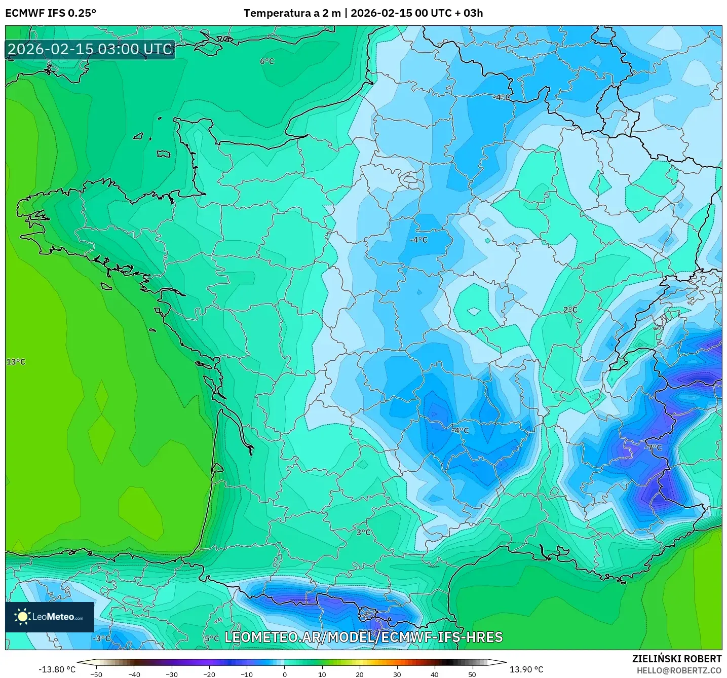 ECMWF IFS 0.25° model - Francia, Temperatura a 2 m