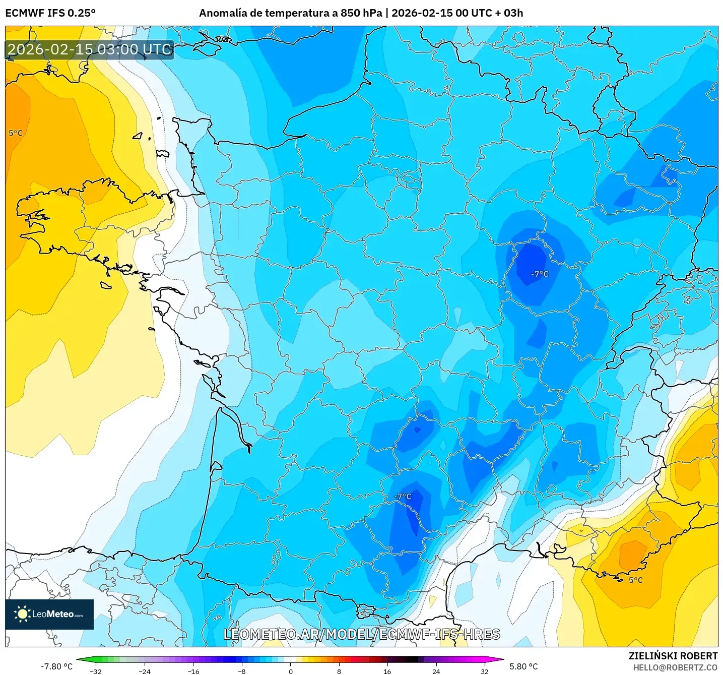 ECMWF IFS 0.25° model - Francia, Anomalía de temperatura a 850 hPa