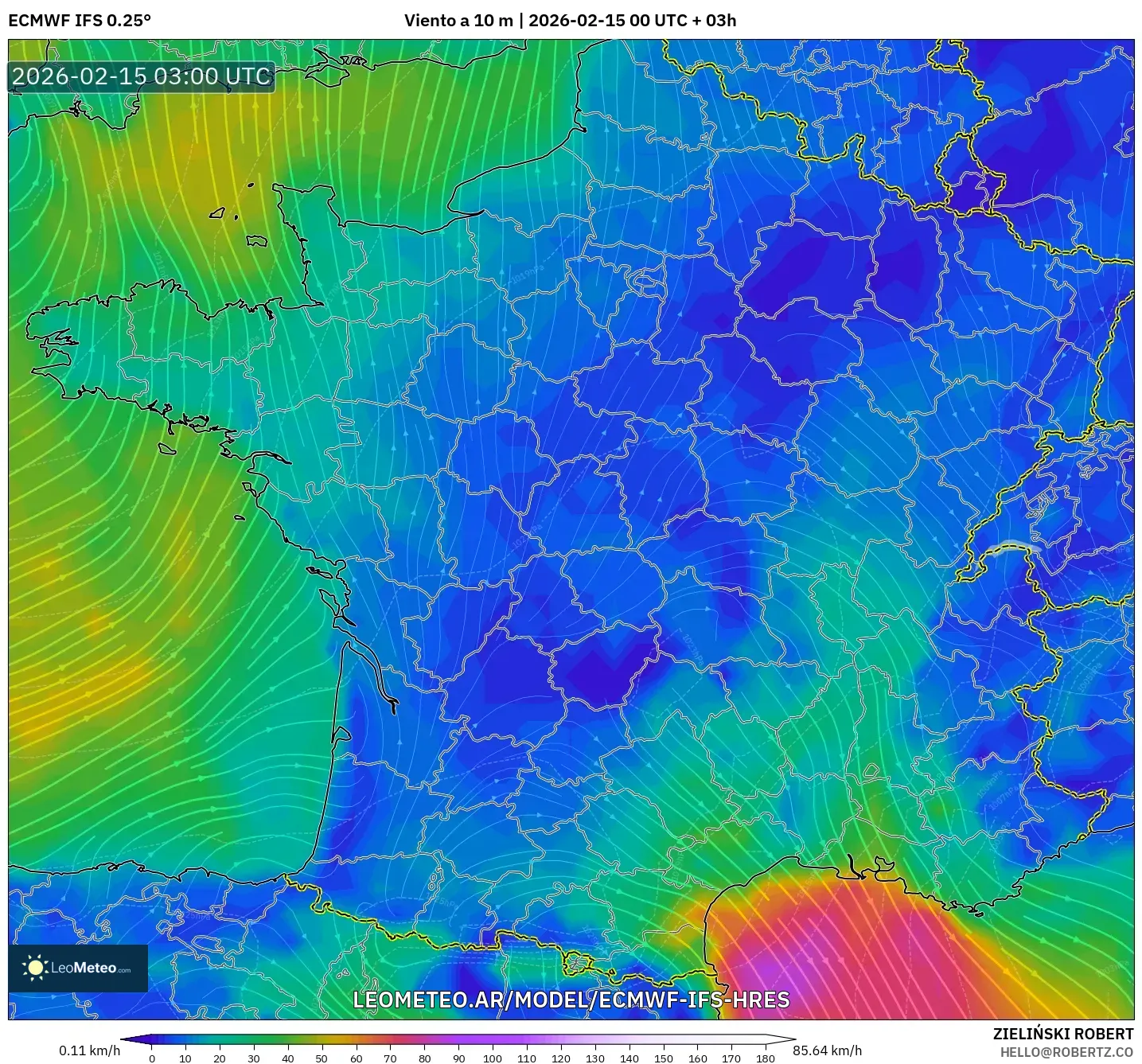ECMWF IFS 0.25° model - Francia, Viento a 10 m