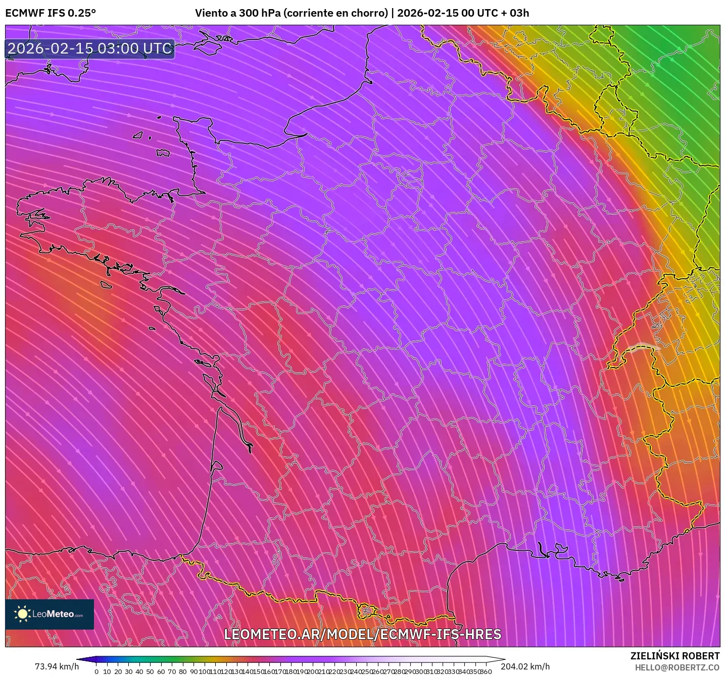 ECMWF IFS 0.25° model - Francia, Viento a 300 hPa (corriente en chorro)