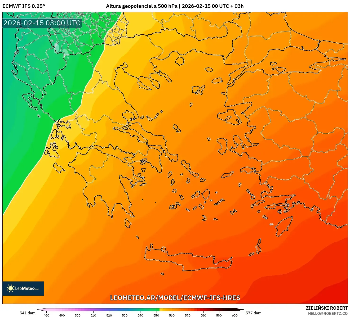 ECMWF IFS 0.25° model - Grecia, Altura geopotencial a 500 hPa