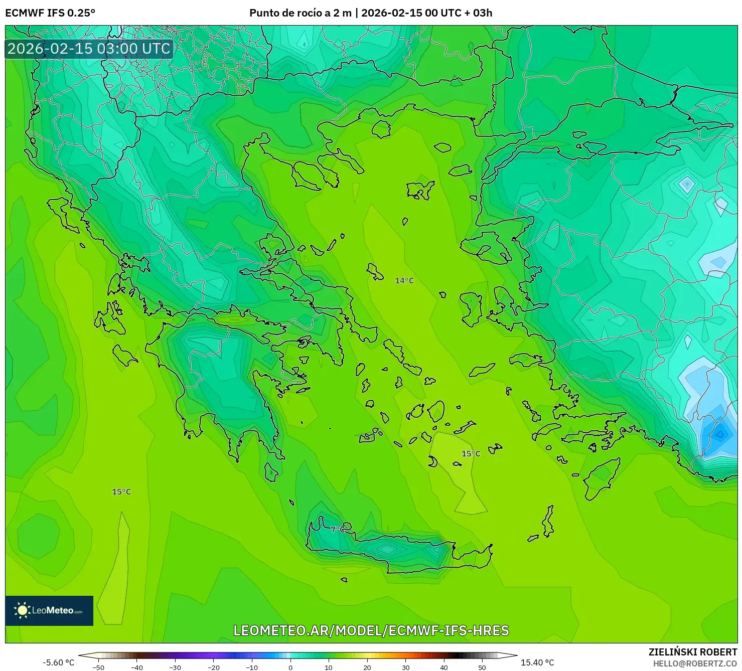 ECMWF IFS 0.25° model - Grecia, Punto de rocío a 2 m