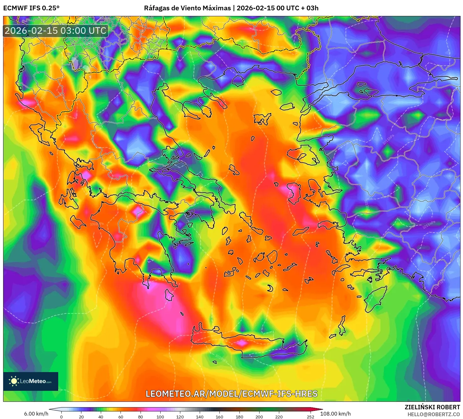 ECMWF IFS 0.25° model - Grecia, Ráfagas de Viento Máximas