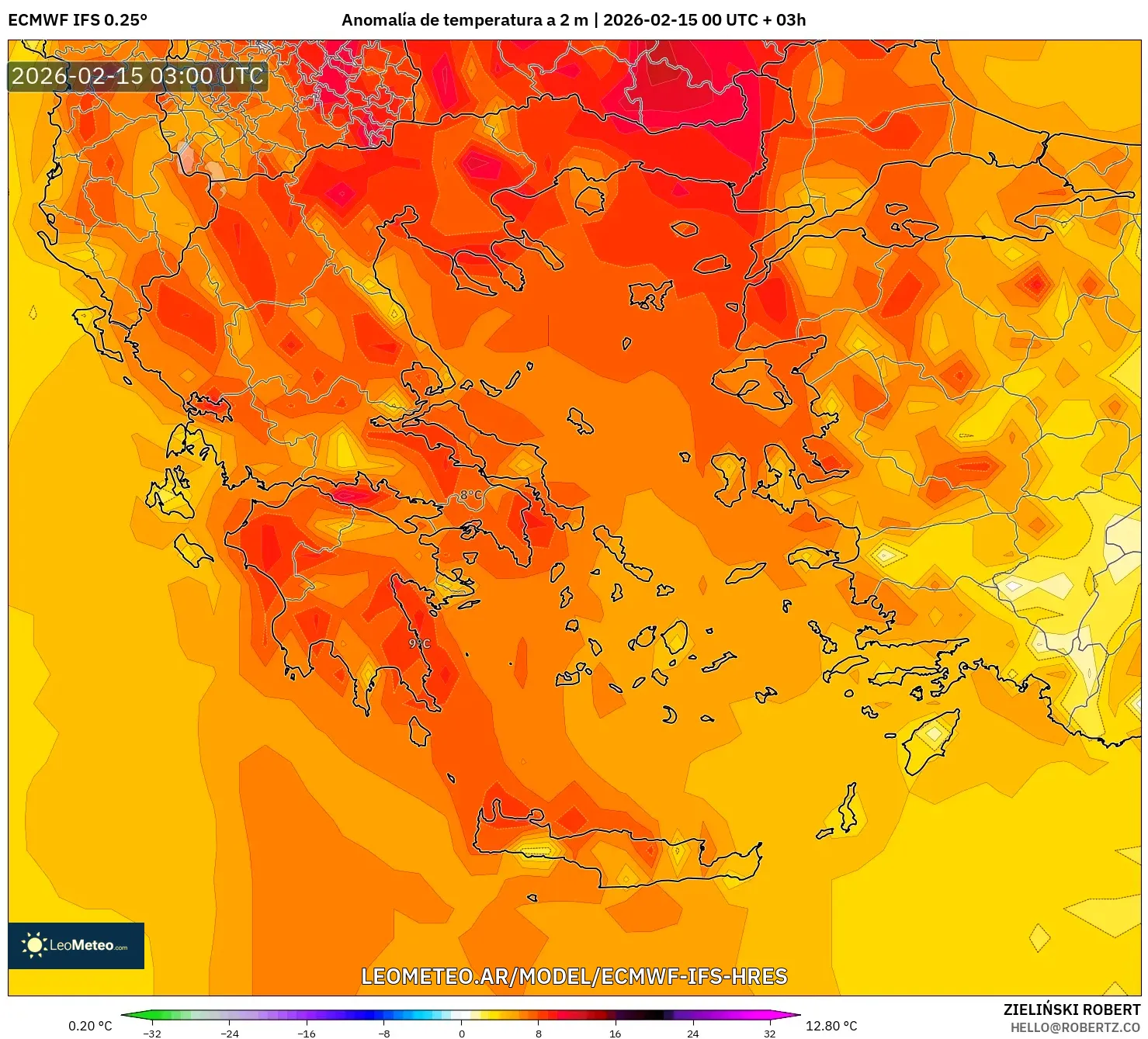 ECMWF IFS 0.25° model - Grecia, Anomalía de temperatura a 2 m