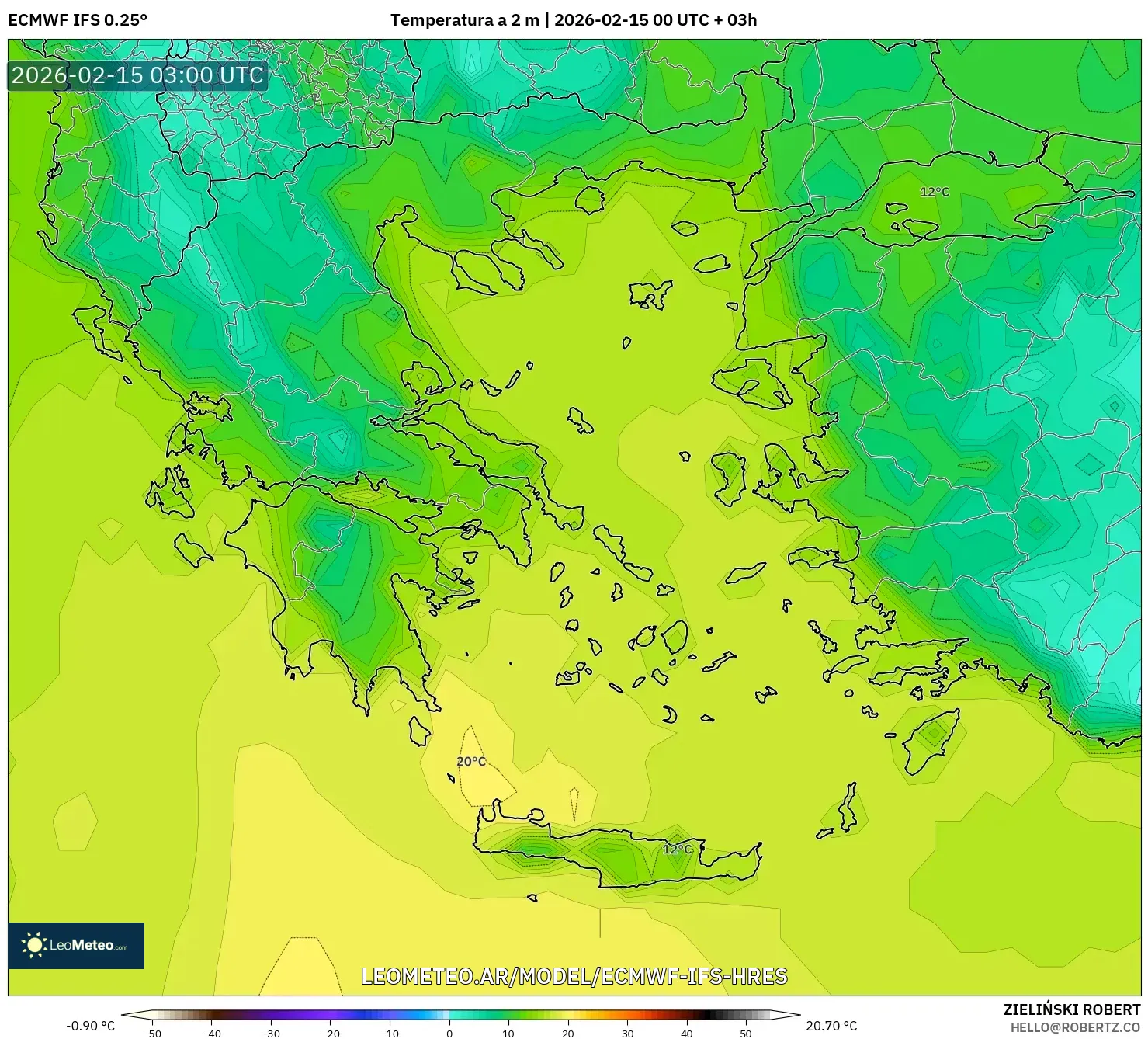 ECMWF IFS 0.25° model - Grecia, Temperatura a 2 m