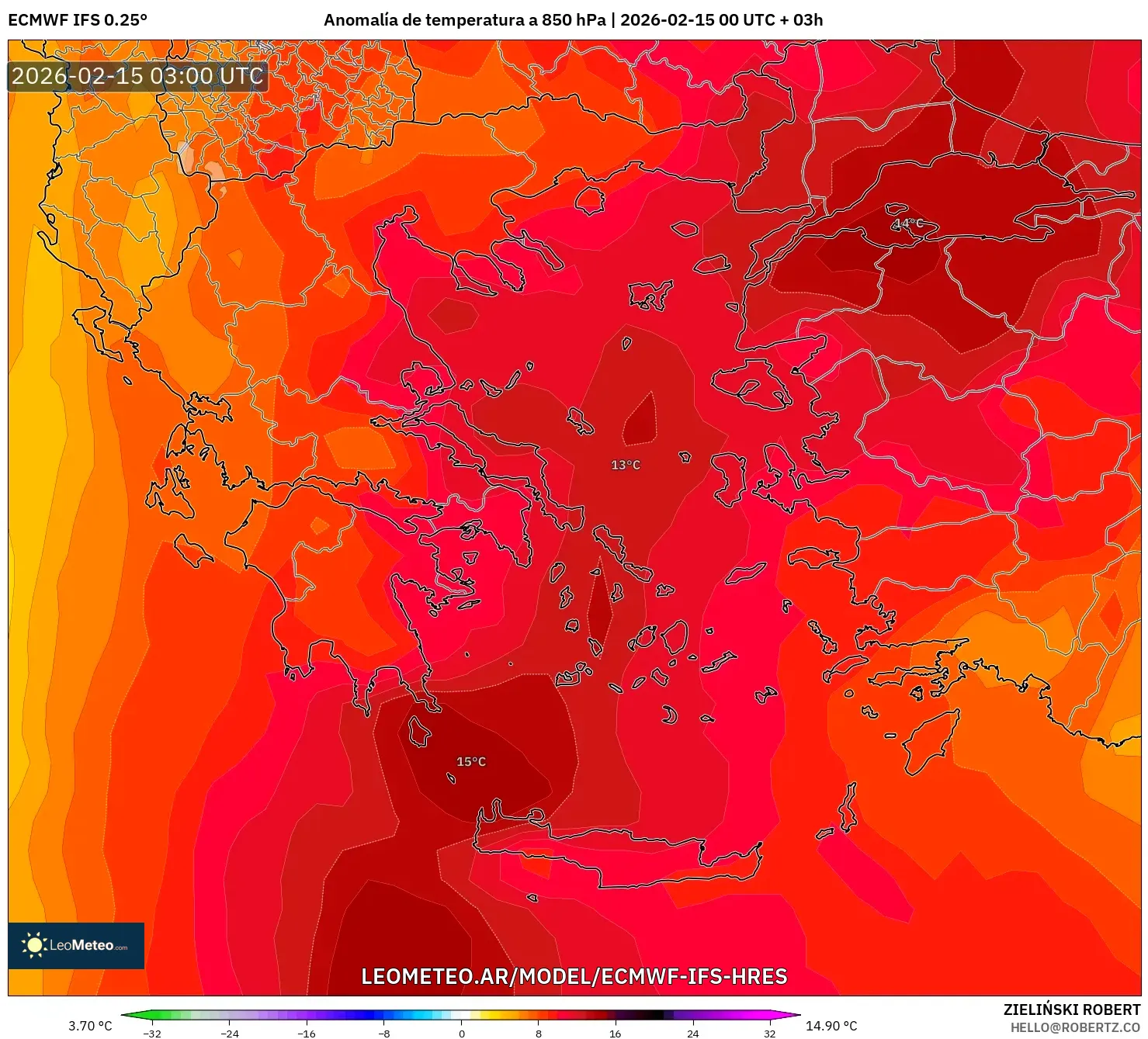 ECMWF IFS 0.25° model - Grecia, Anomalía de temperatura a 850 hPa