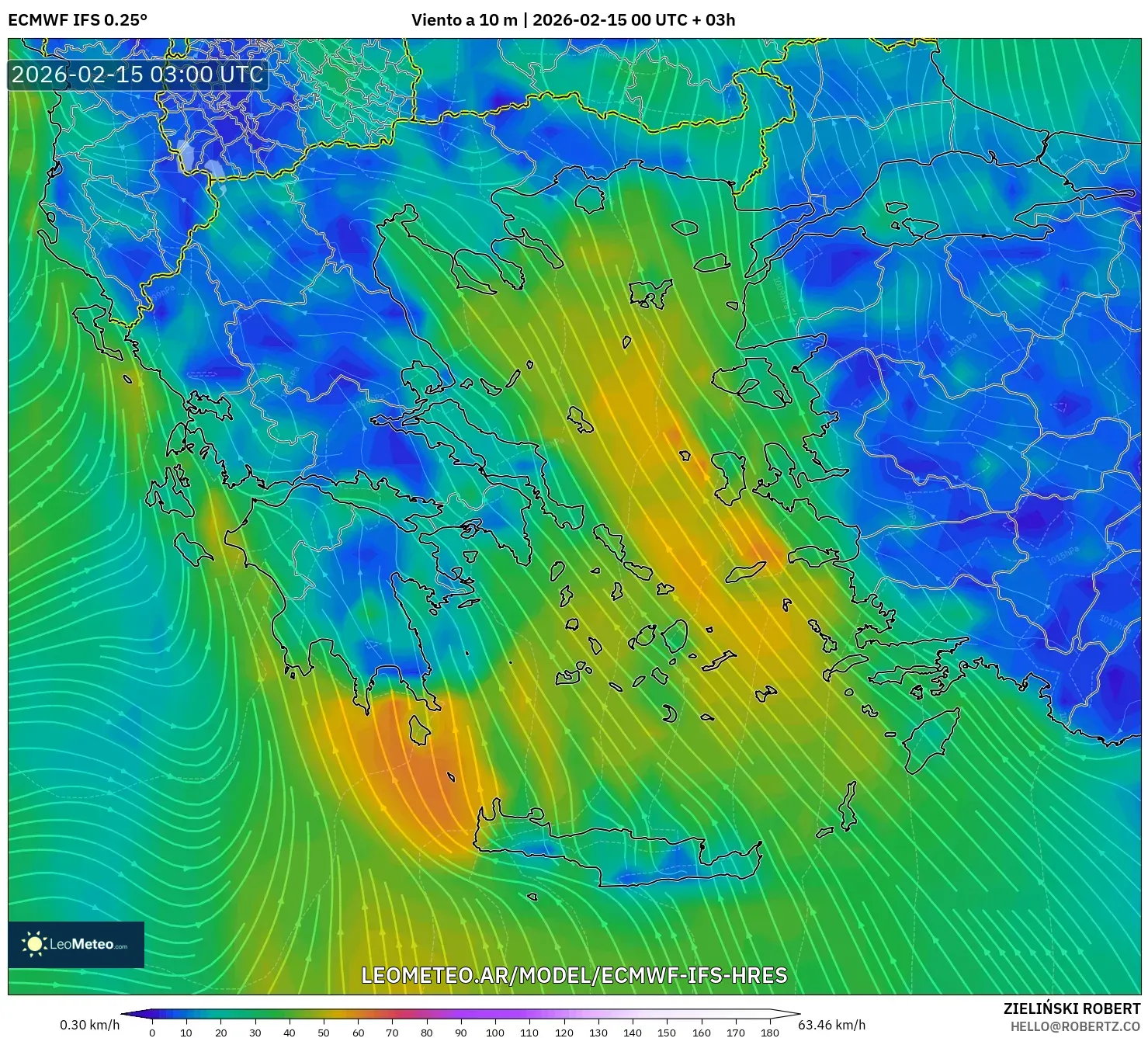ECMWF IFS 0.25° model - Grecia, Viento a 10 m