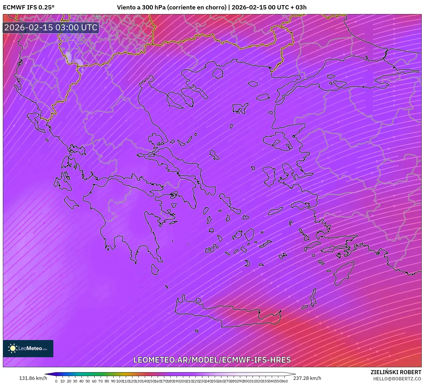 ECMWF IFS 0.25° model - Grecia, Viento a 300 hPa (corriente en chorro)