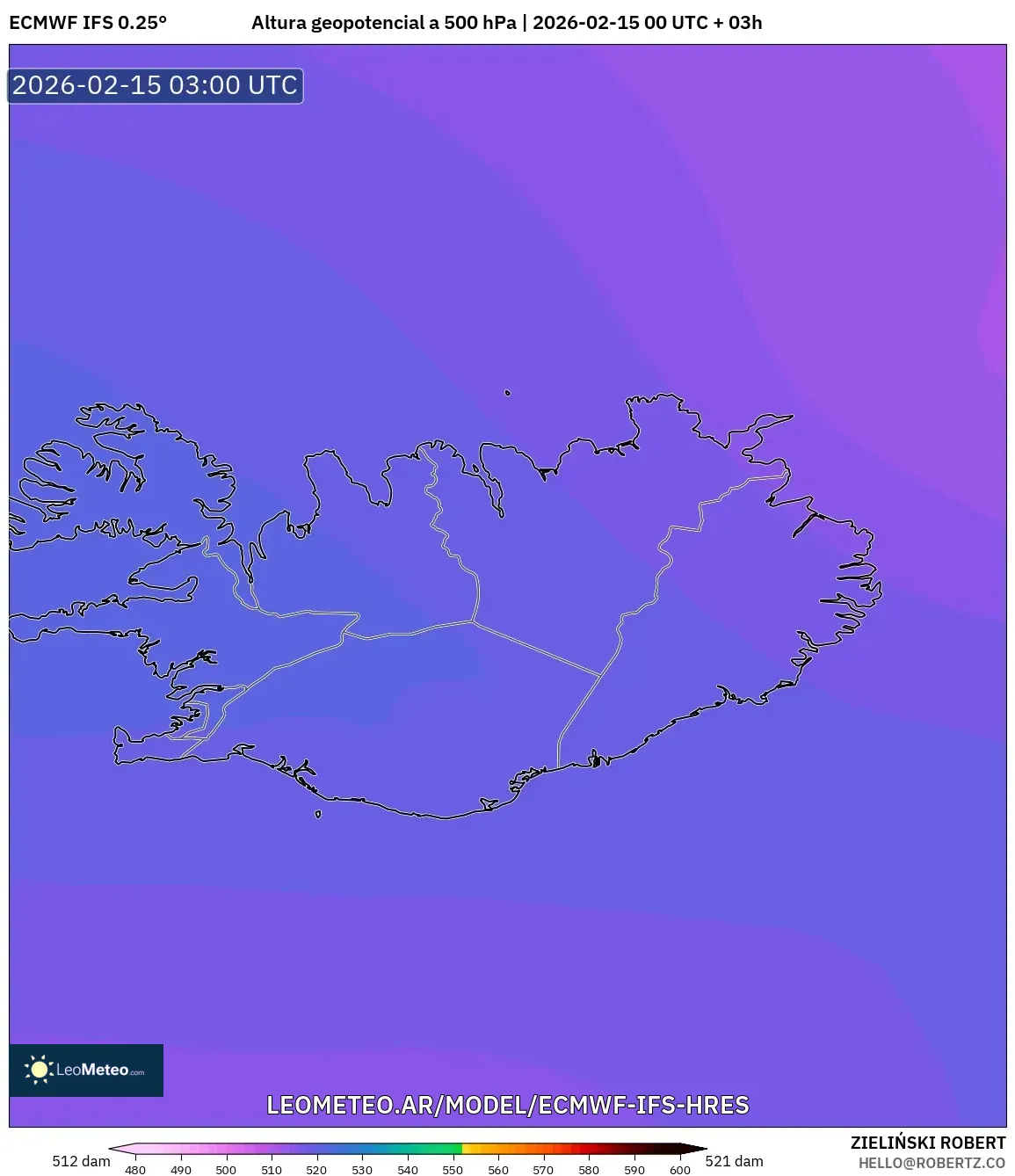 ECMWF IFS 0.25° model - Islandia, Altura geopotencial a 500 hPa