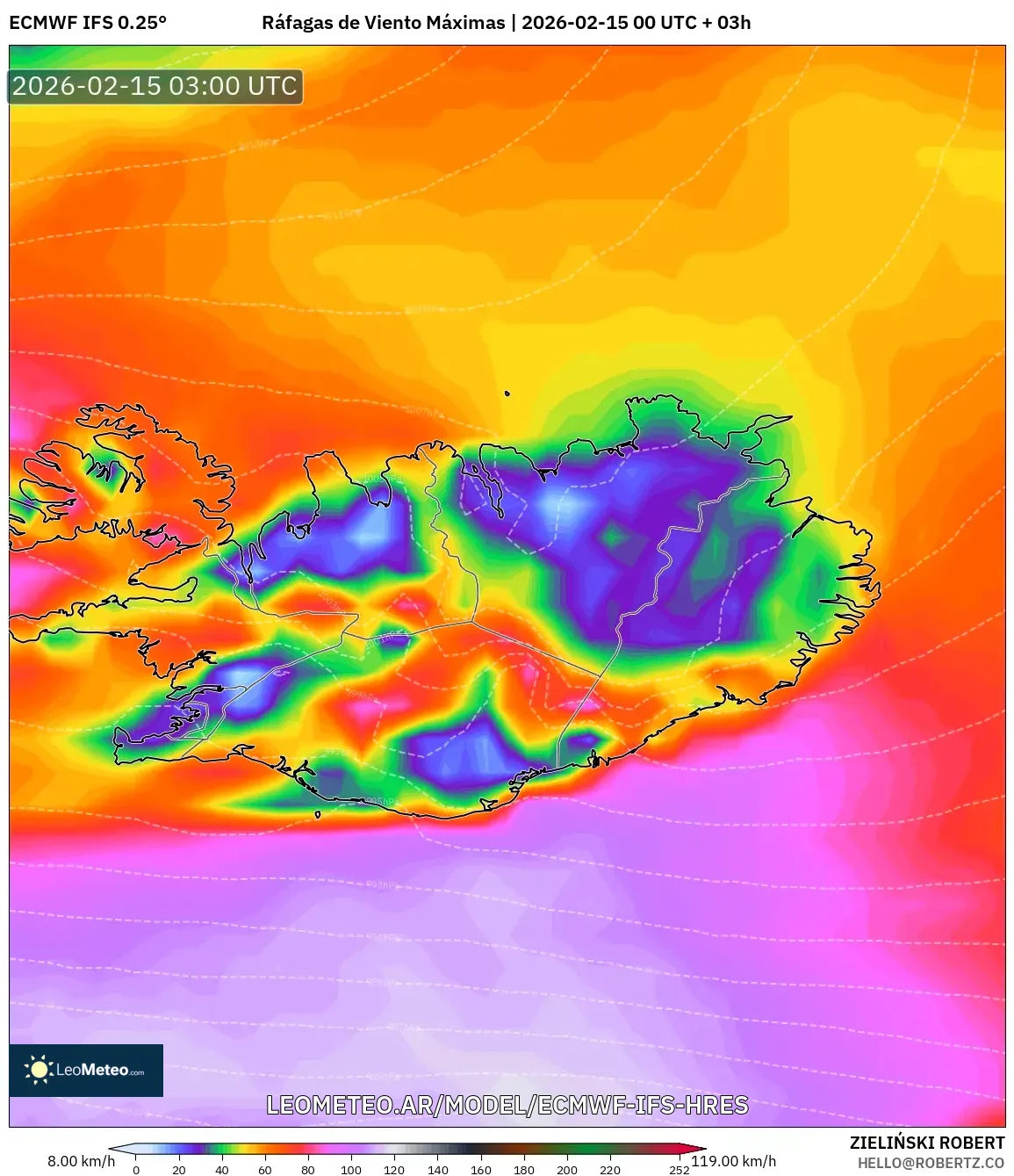ECMWF IFS 0.25° model - Islandia, Ráfagas de Viento Máximas