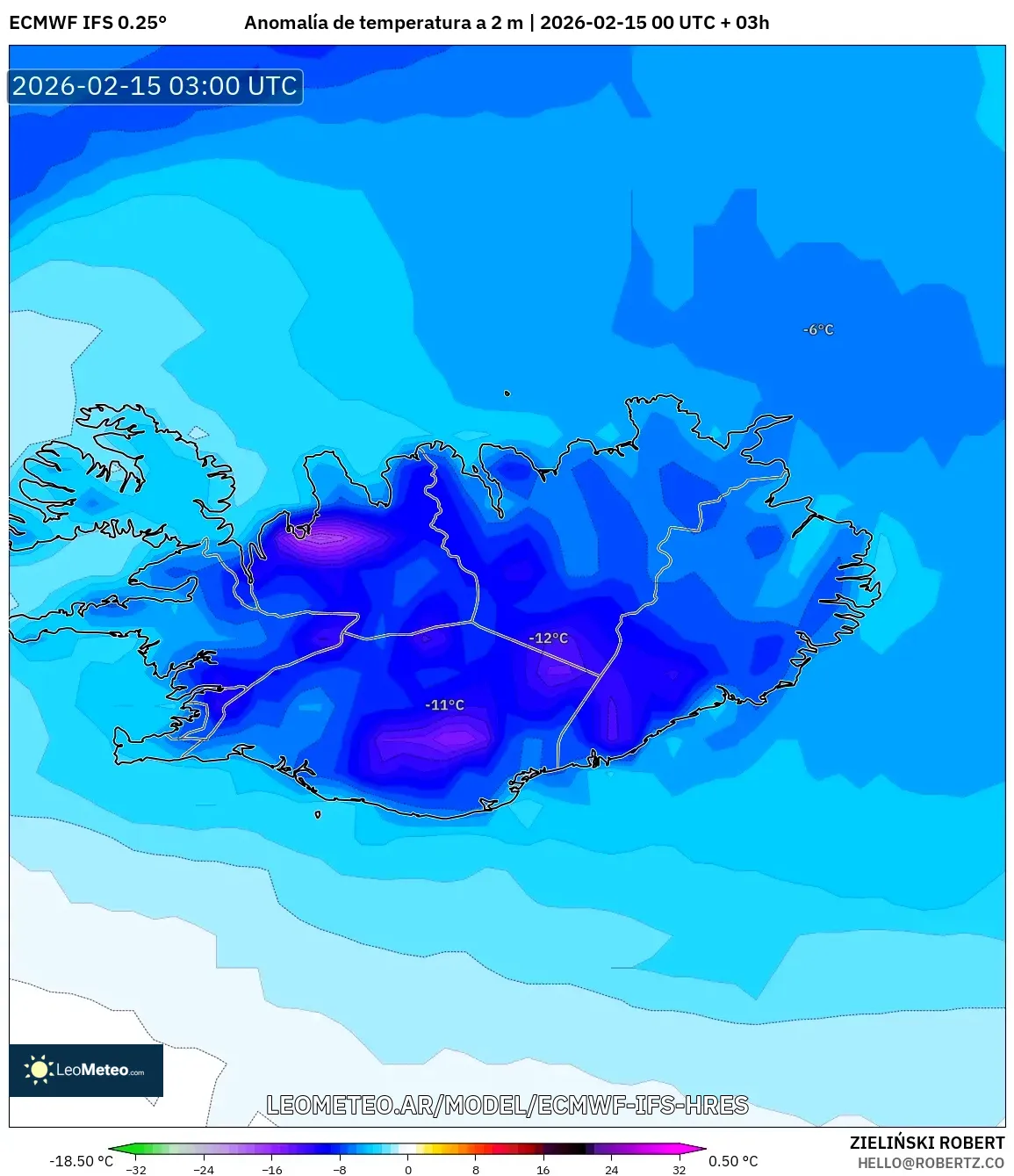 ECMWF IFS 0.25° model - Islandia, Anomalía de temperatura a 2 m