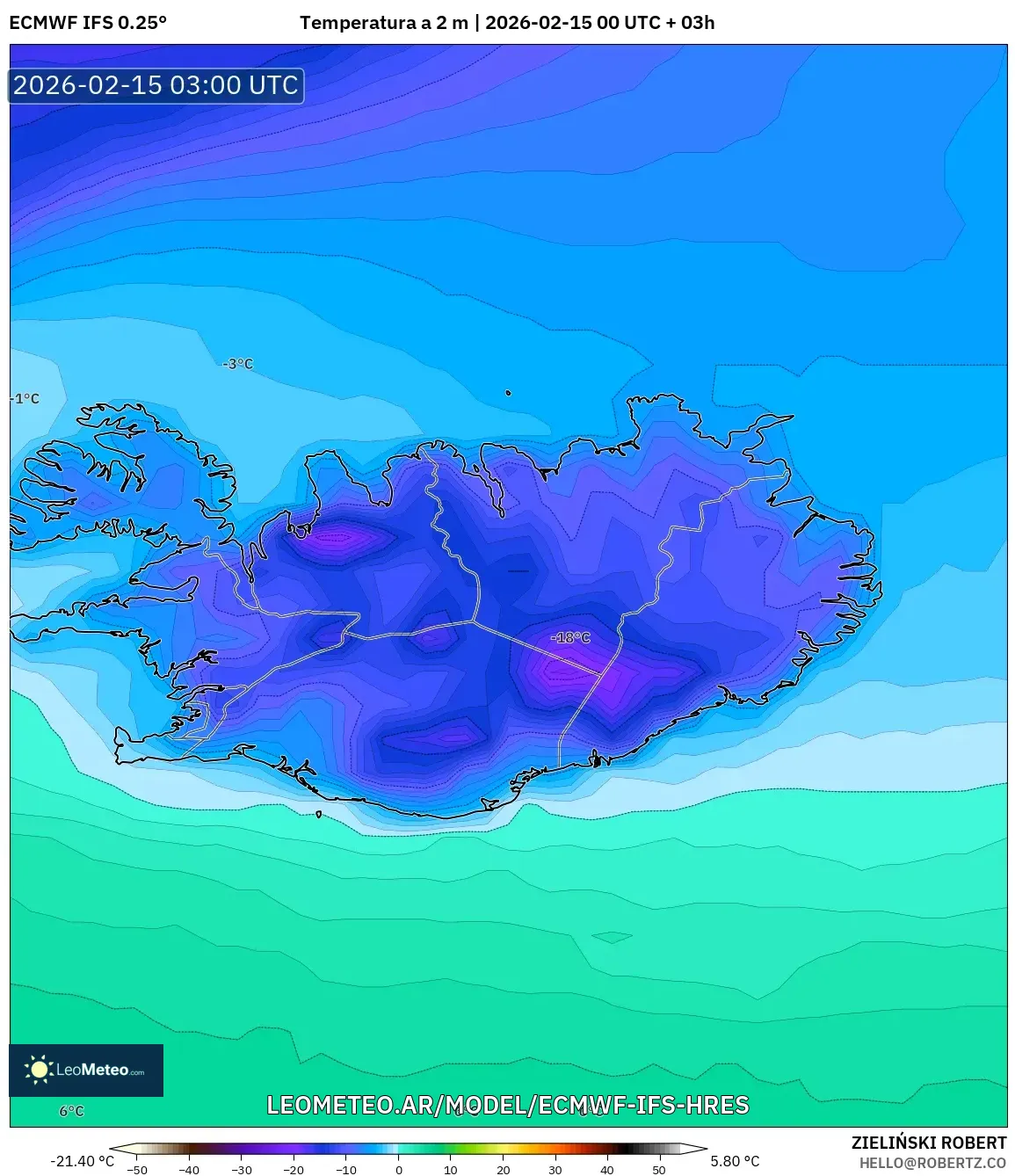 ECMWF IFS 0.25° model - Islandia, Temperatura a 2 m