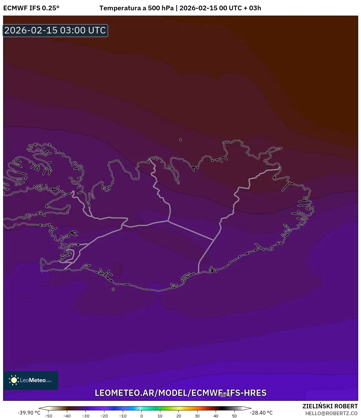 ECMWF IFS 0.25° model - Islandia, Temperatura a 500 hPa