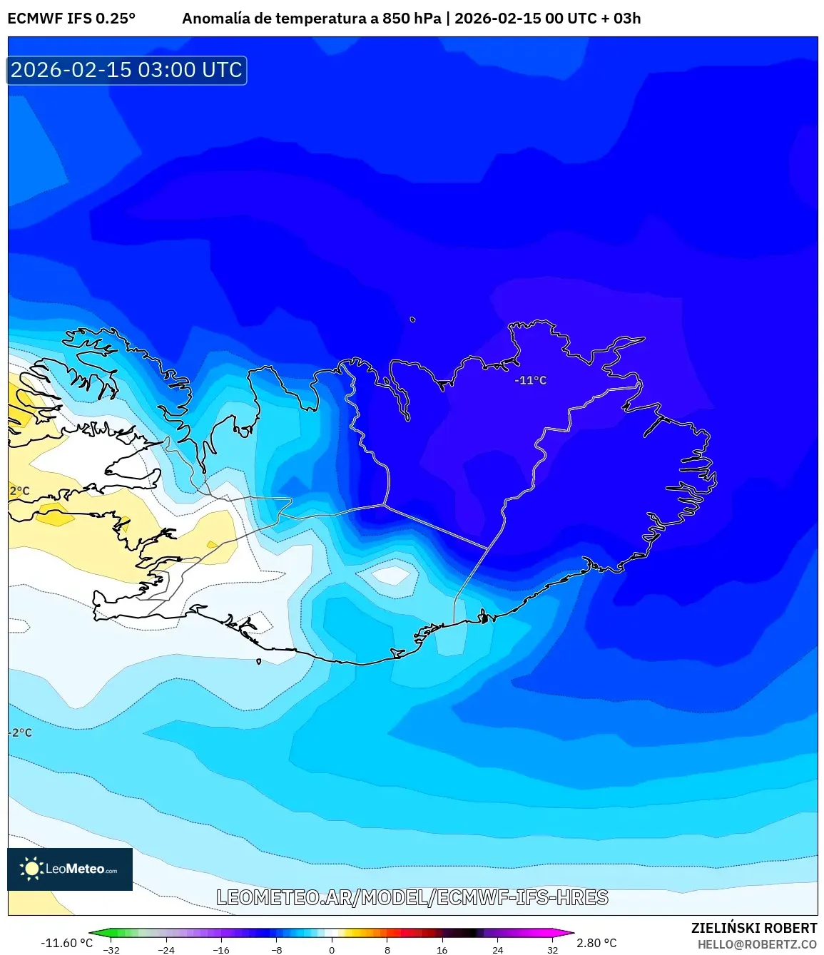 ECMWF IFS 0.25° model - Islandia, Anomalía de temperatura a 850 hPa