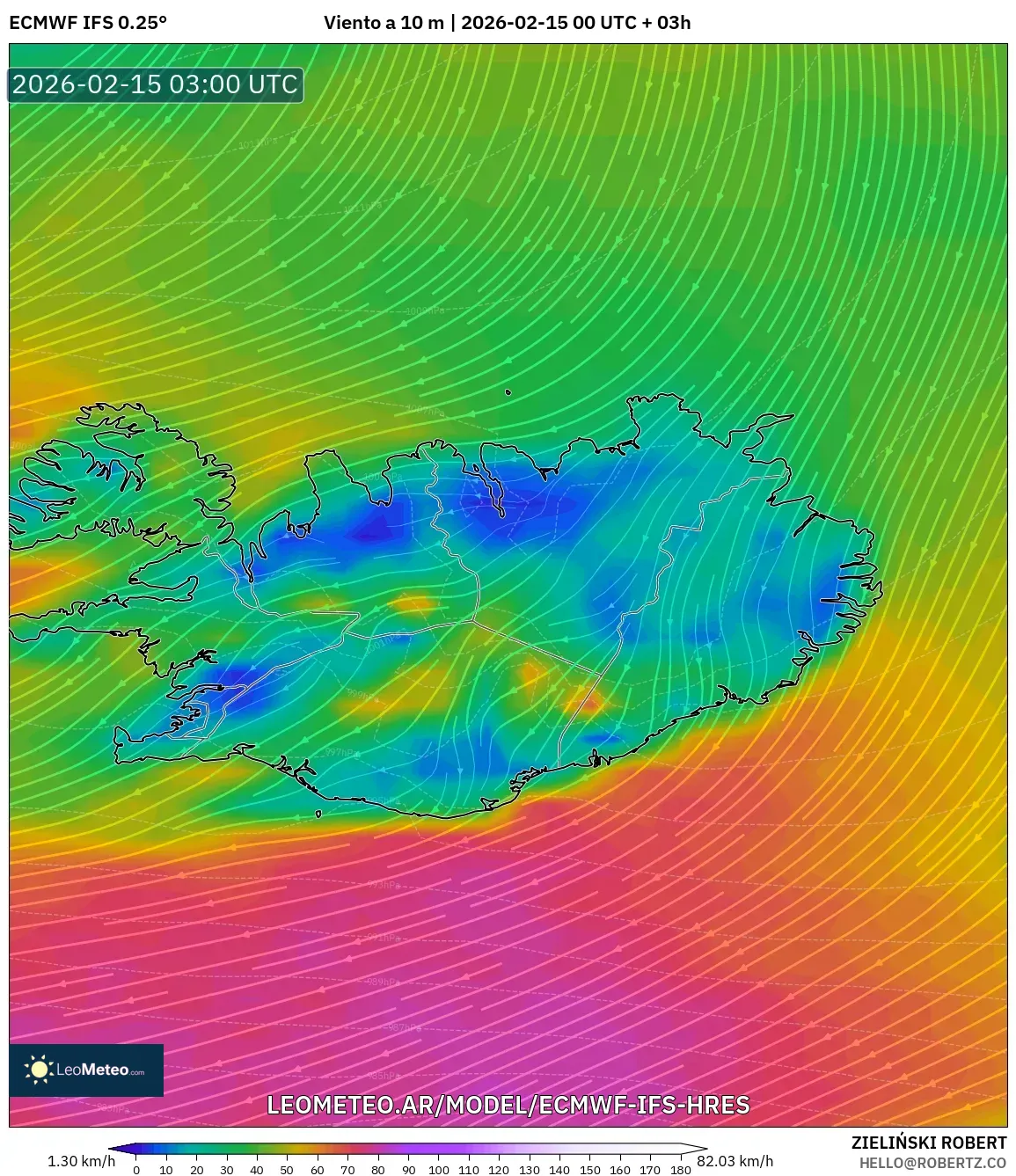ECMWF IFS 0.25° model - Islandia, Viento a 10 m