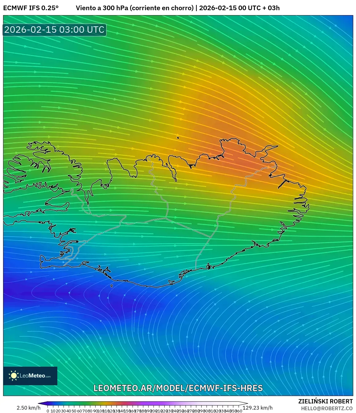 ECMWF IFS 0.25° model - Islandia, Viento a 300 hPa (corriente en chorro)